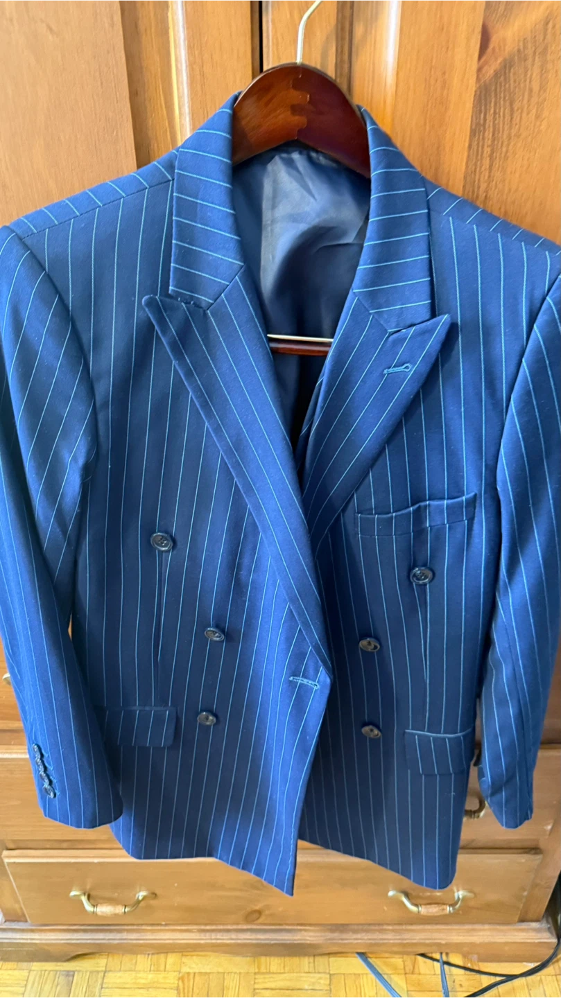 Navy Blue Pinstripe Double-Breasted Blazer