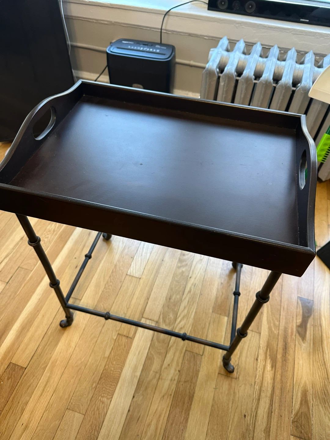 Dark Wood Serving Tray Table with Metal Stand - photo 2