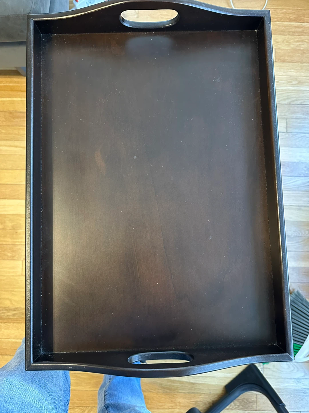 Dark Wood Serving Tray Table with Metal Stand - photo 4