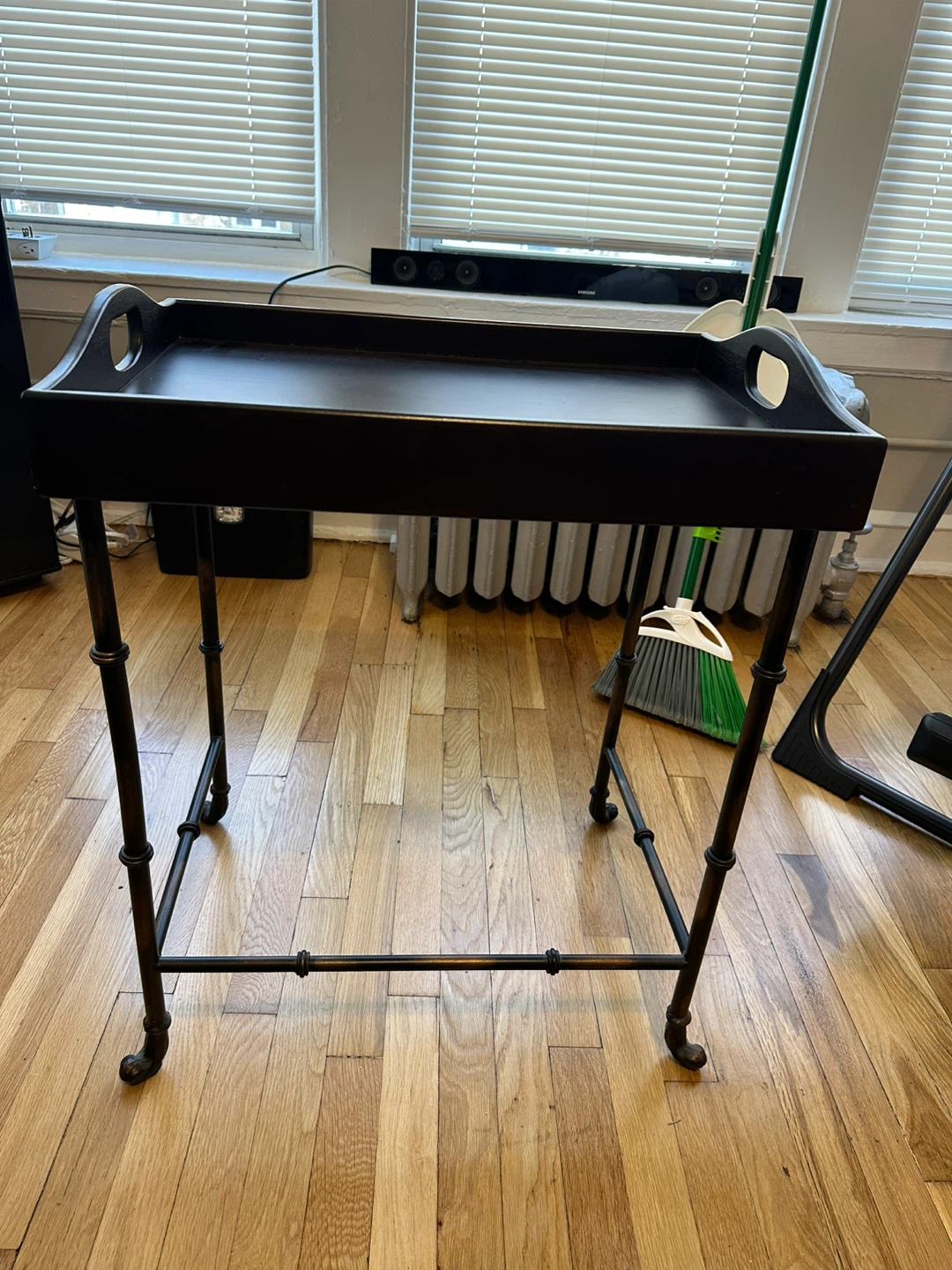 Dark Wood Serving Tray Table with Metal Stand