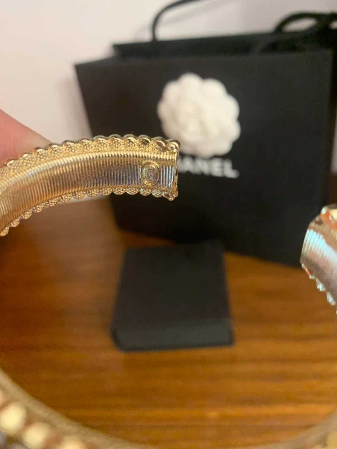 Chanel CC Logo Crystal Bangle Bracelet Gold Tone - photo 4