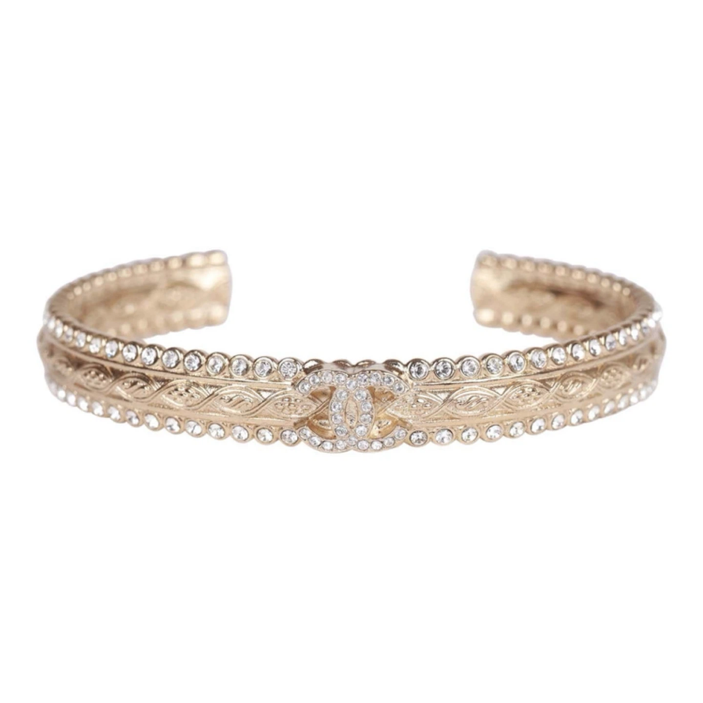 Chanel CC Logo Crystal Bangle Bracelet Gold Tone