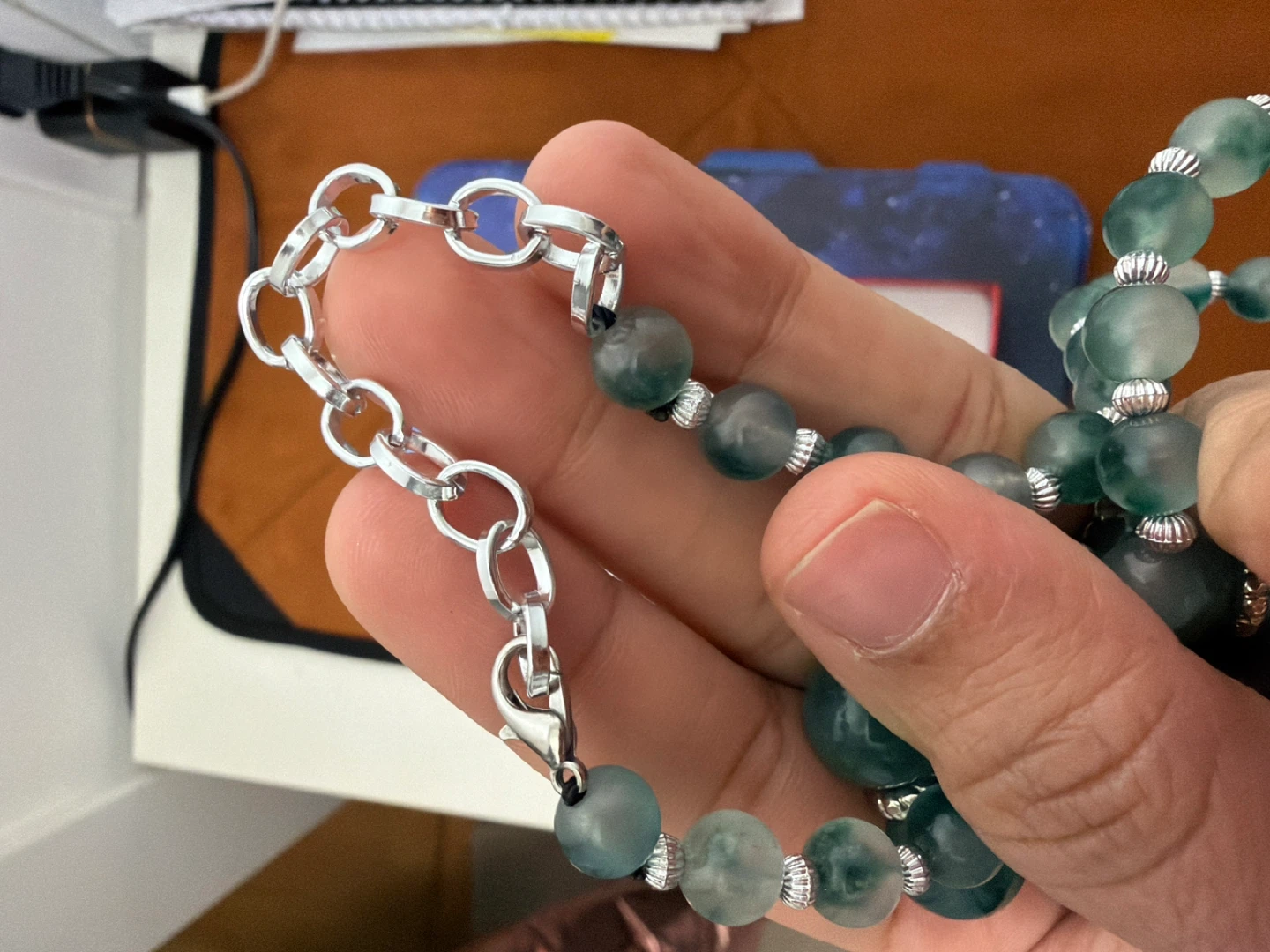 Green Beaded Necklace with Silver Chain - photo 2