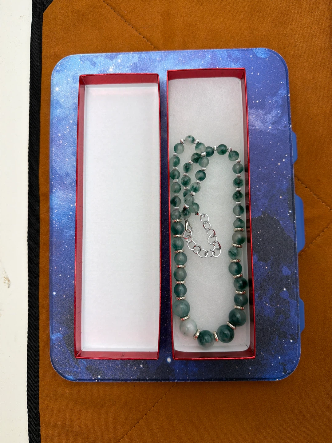Green Beaded Necklace with Silver Chain