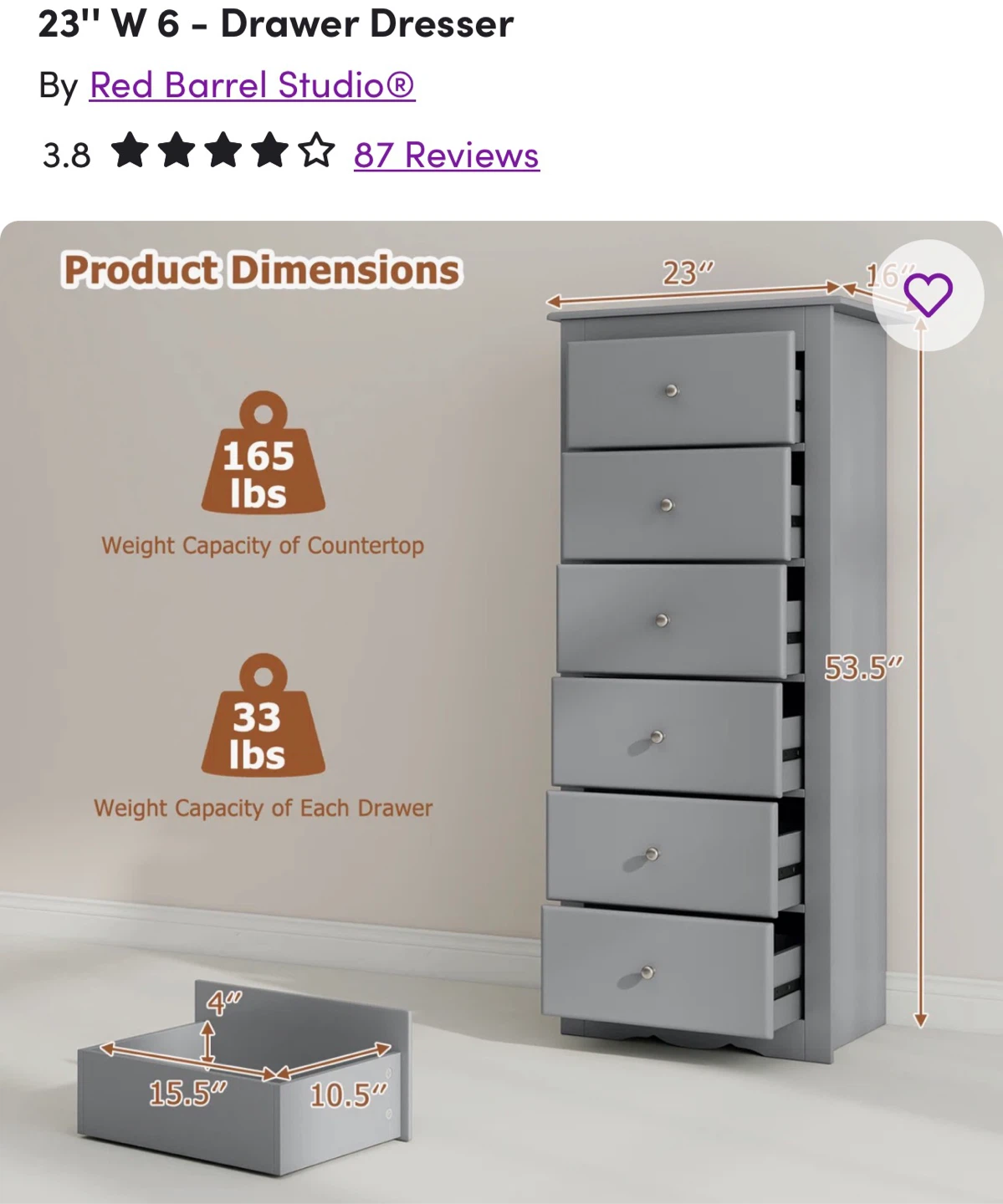 Red Barrel Studio 23" W6-Drawer Dresser Gray In box never opened