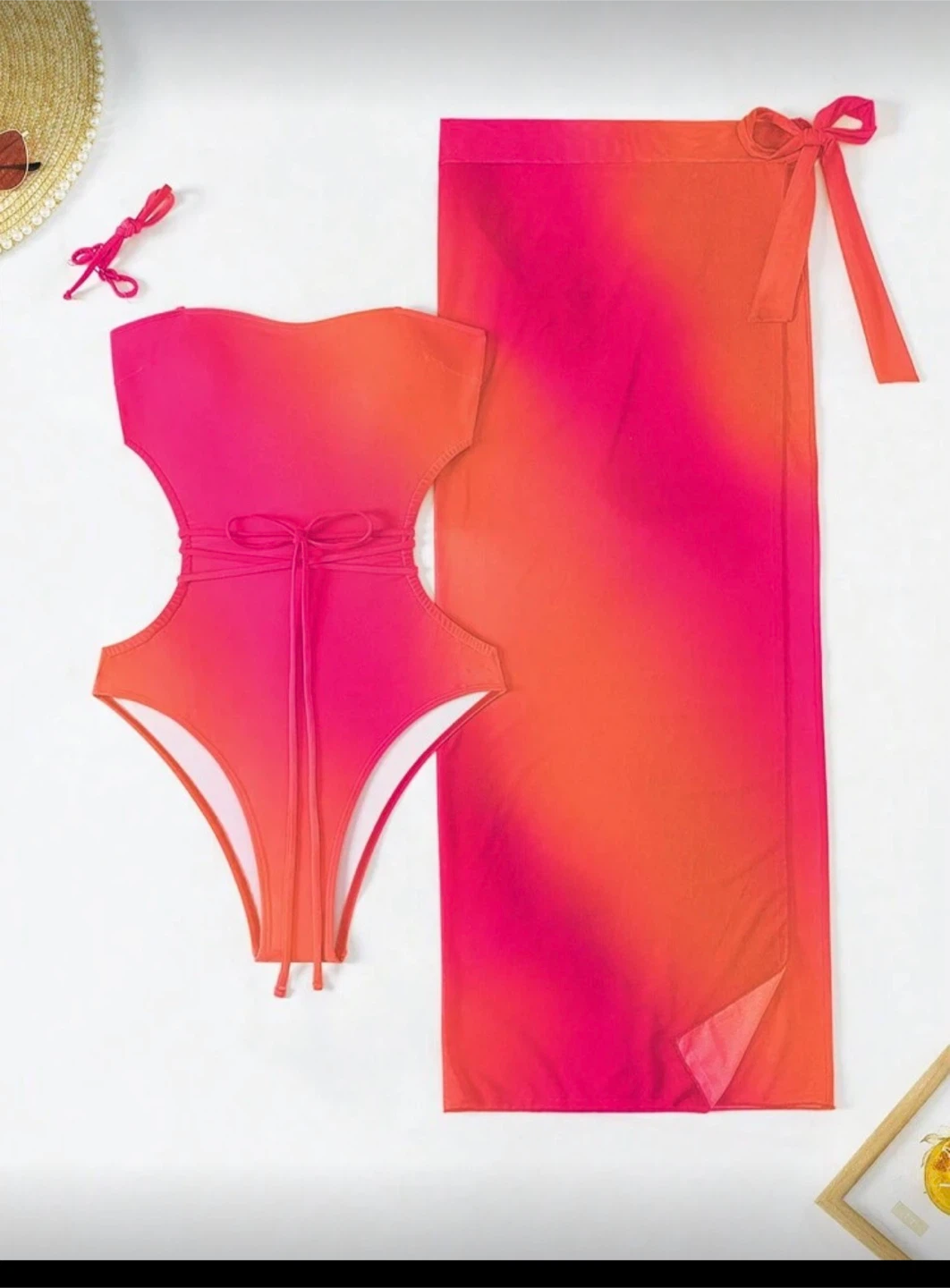 Women's Pink Orange Ombre Swimsuit and Cover-up Set