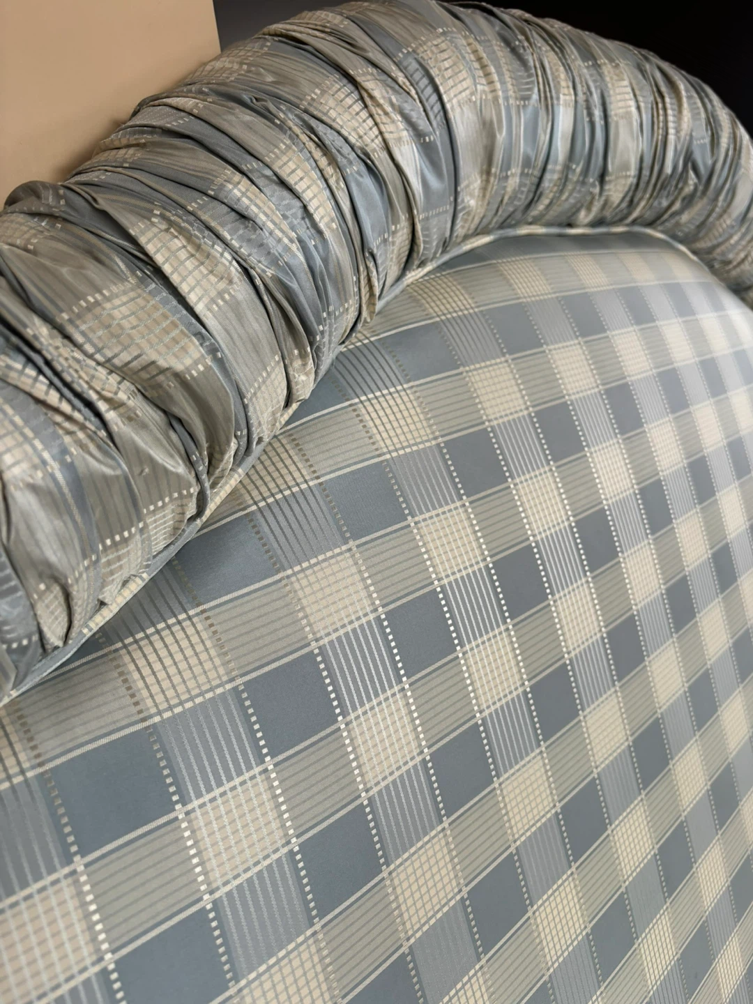 Headboard with Blue and Tan Plaid Upholstery