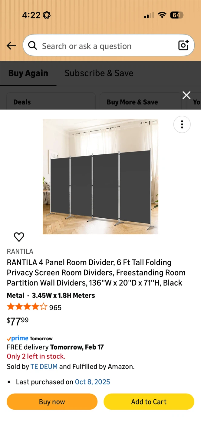 RANTILA 4 Panel Room Divider - Black - photo 3