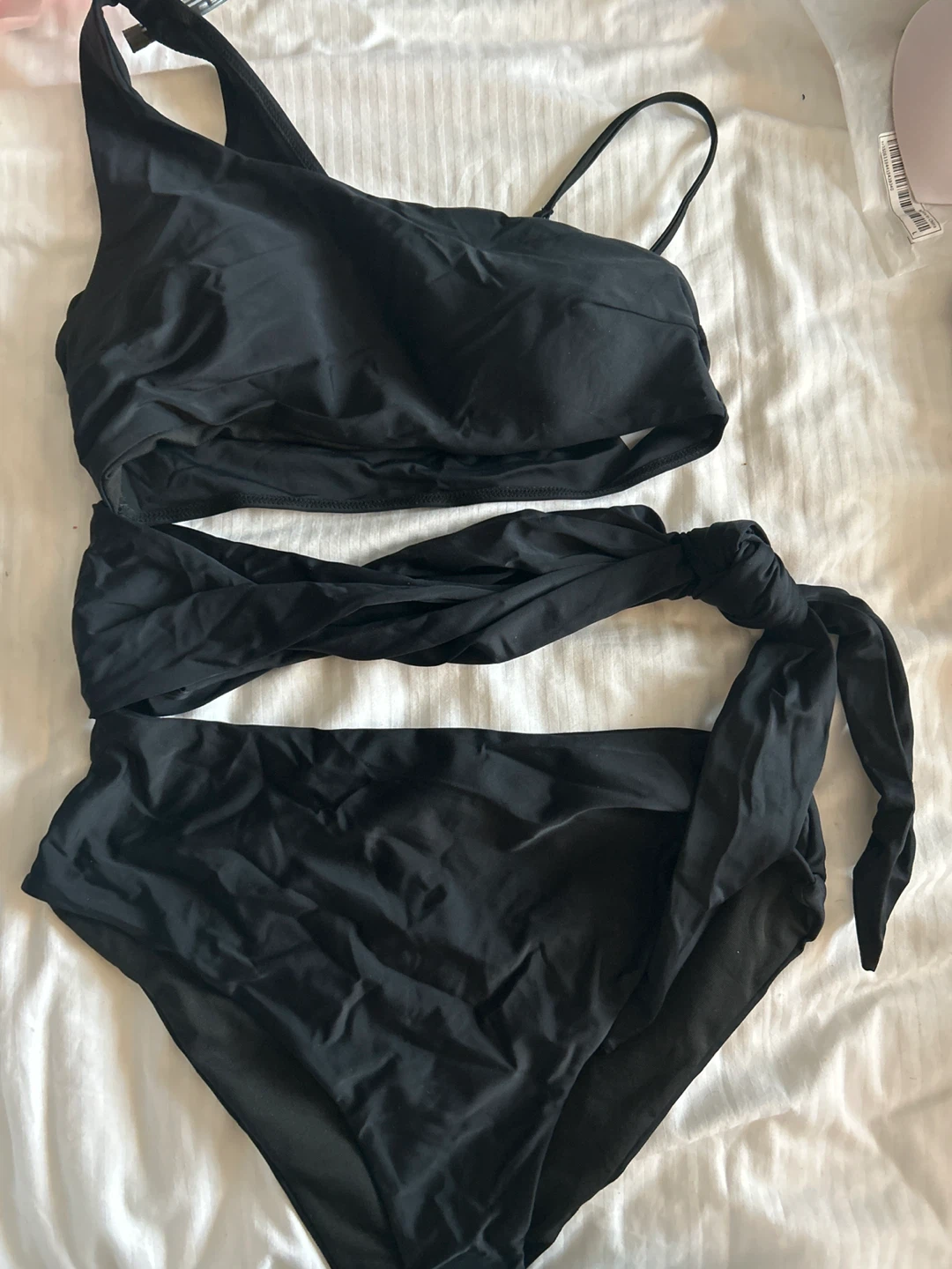Black One-Shoulder High-Waisted Swimsuit with Tie - photo 3