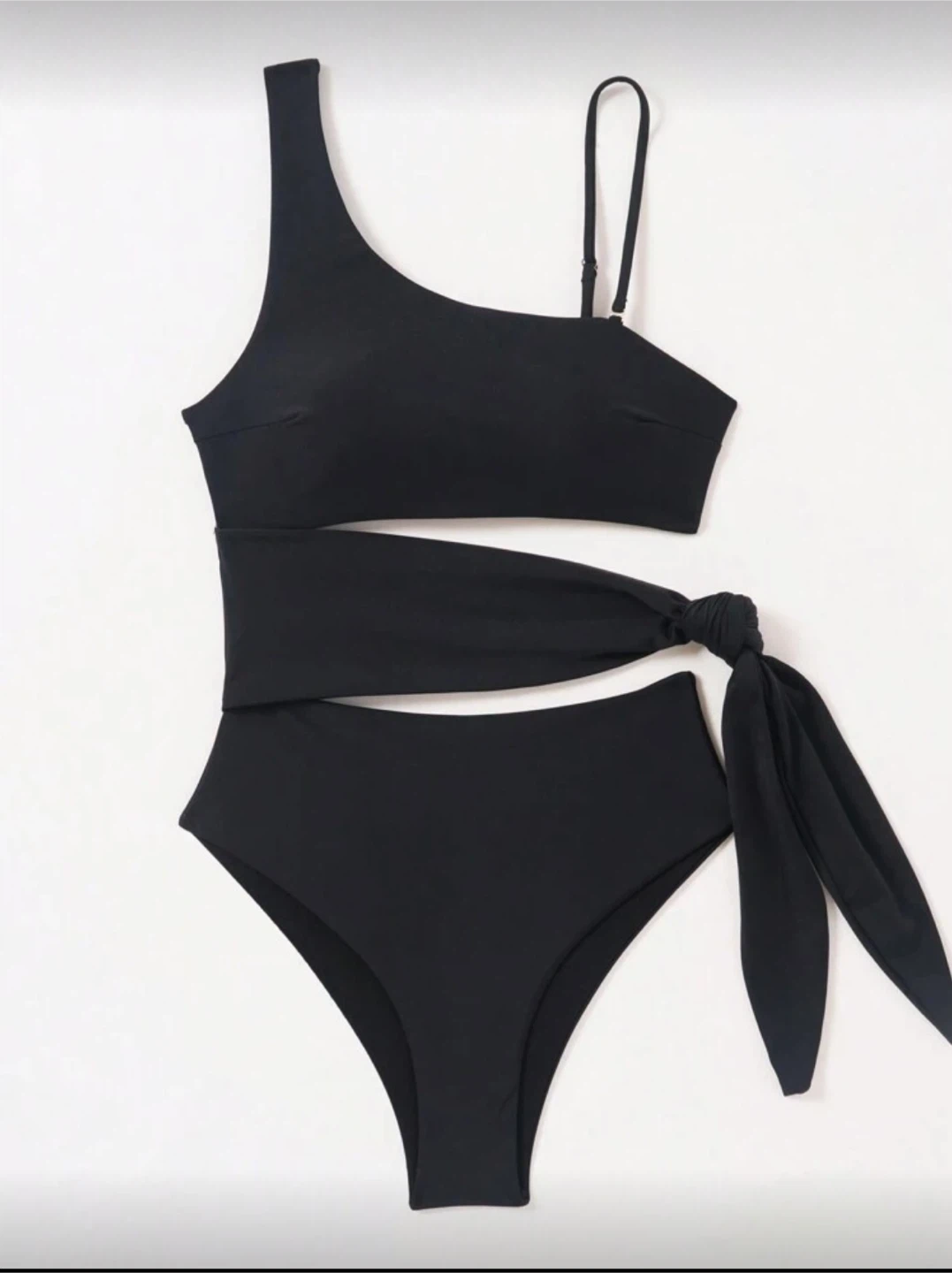 Black One-Shoulder High-Waisted Swimsuit with Tie