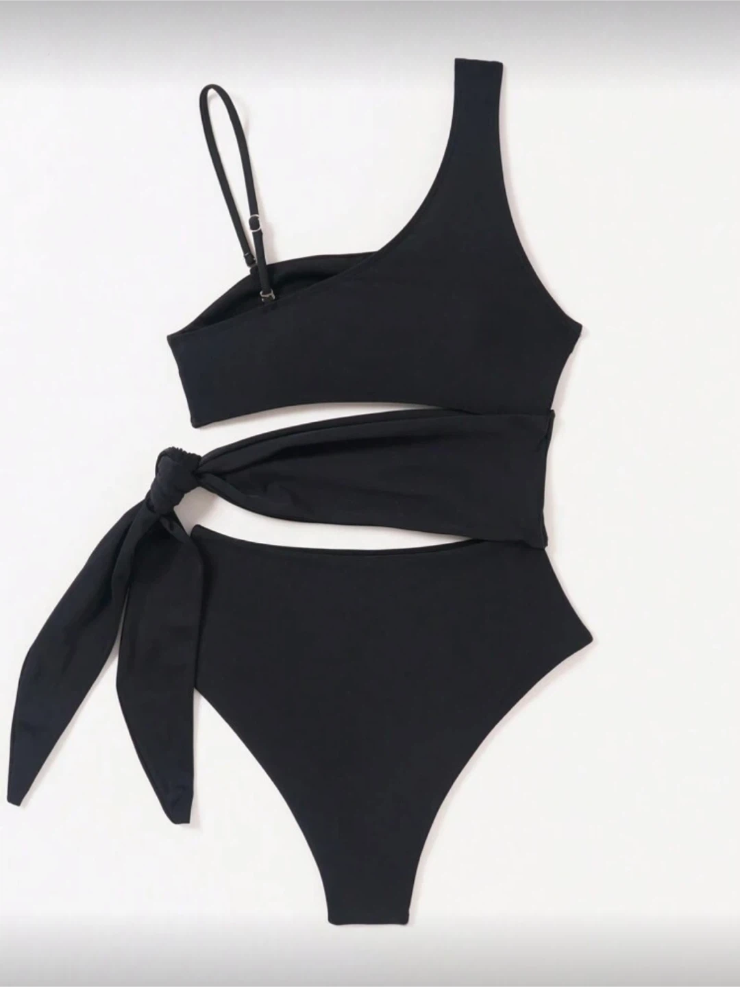 Black One-Shoulder High-Waisted Swimsuit with Tie - photo 2