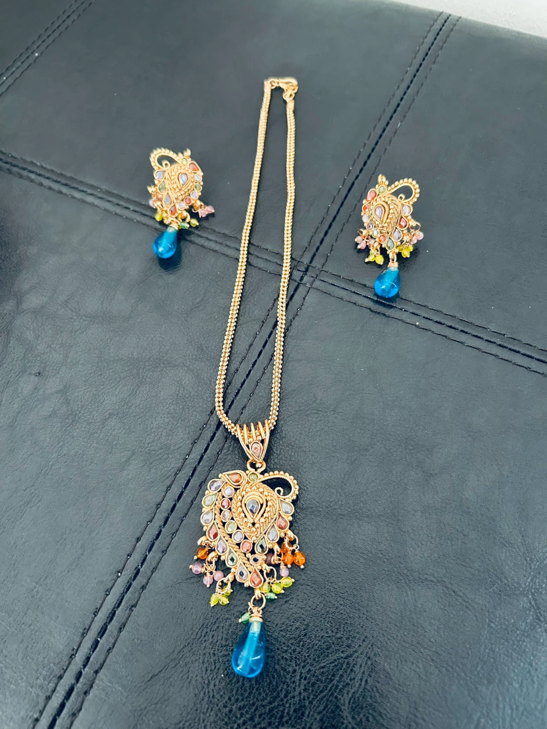 Gold-tone Necklace and Earring Set with Blue Gemstones - photo 2