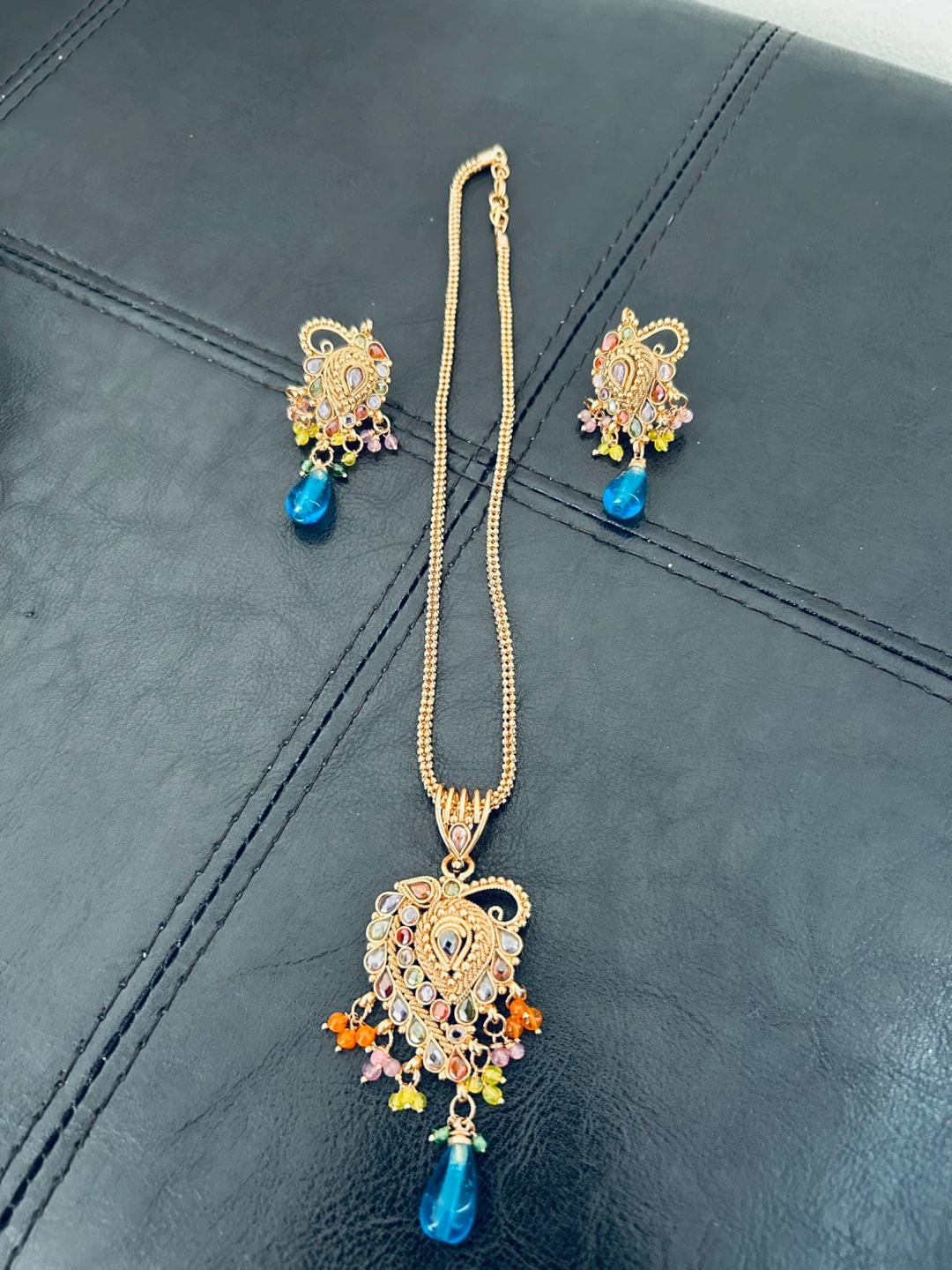Gold-tone Necklace and Earring Set with Blue Gemstones