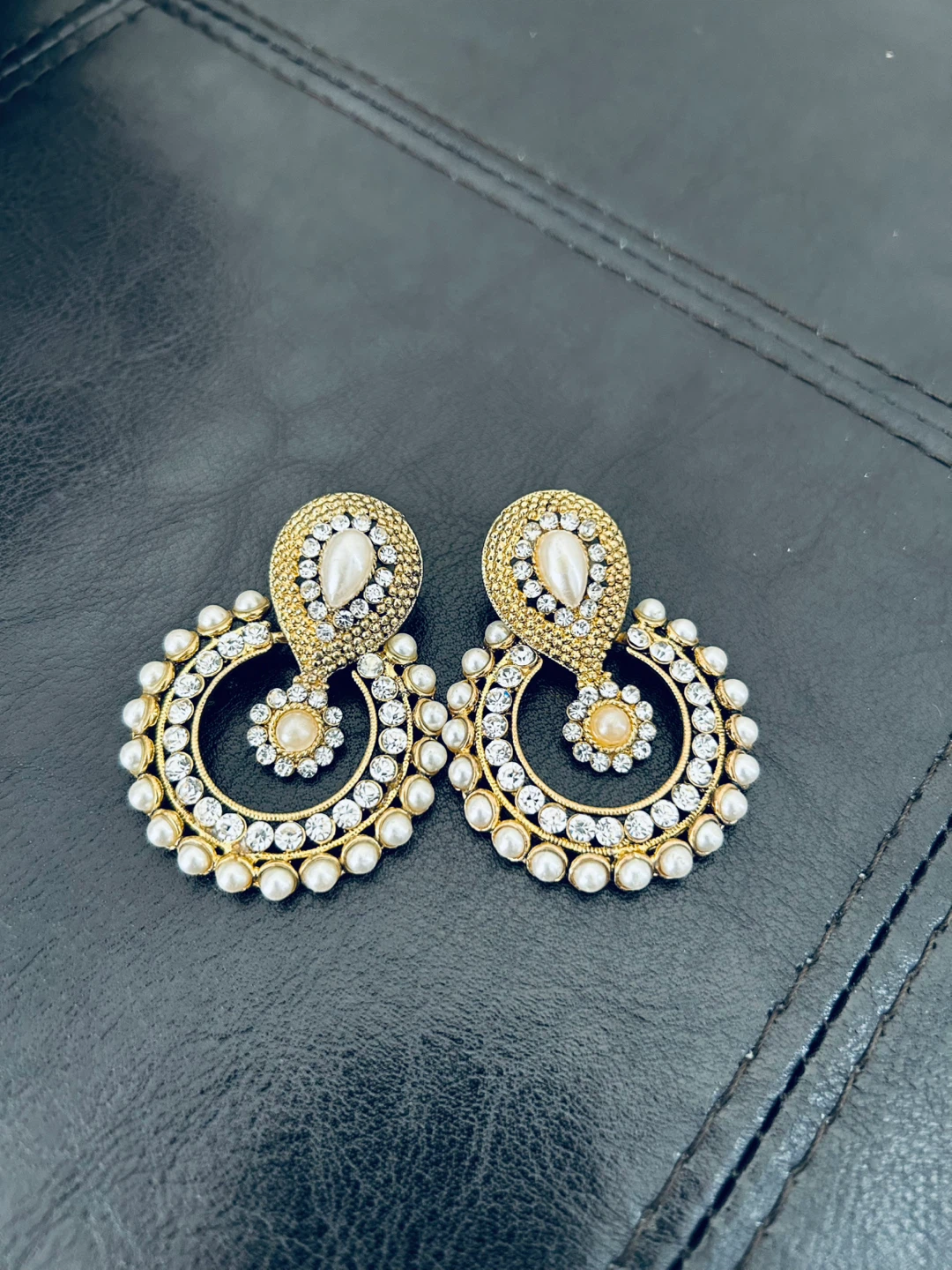 Gold Toned Dangle Earrings with Pearls and Rhinestones