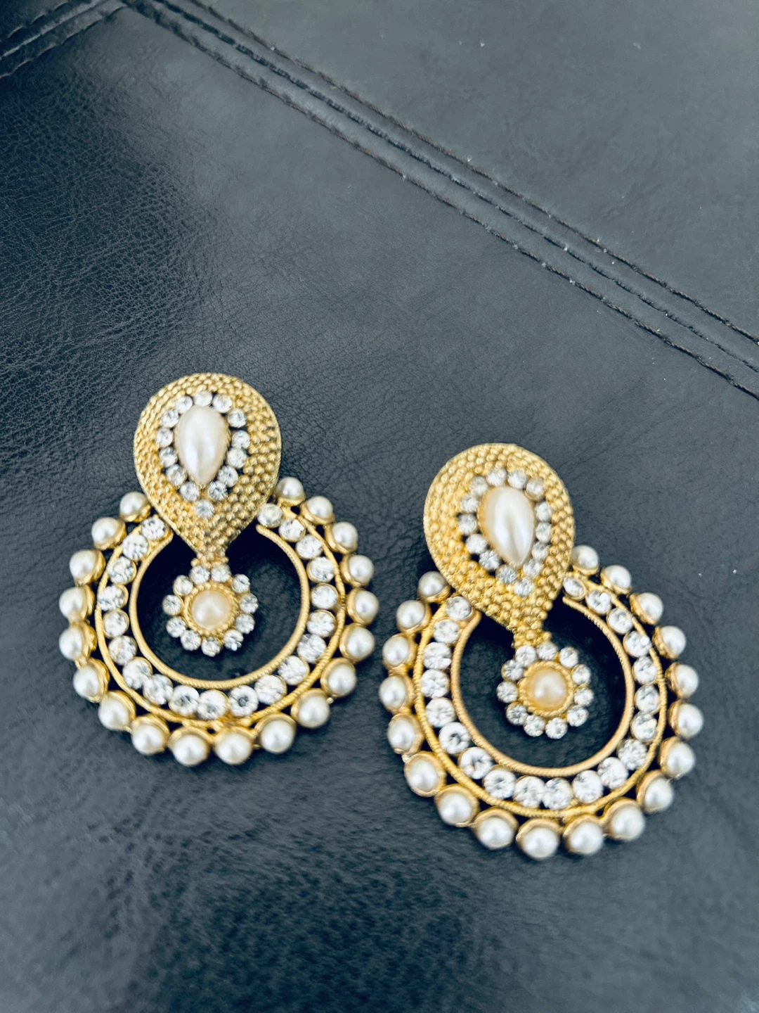 Gold Toned Dangle Earrings with Pearls and Rhinestones - photo 2