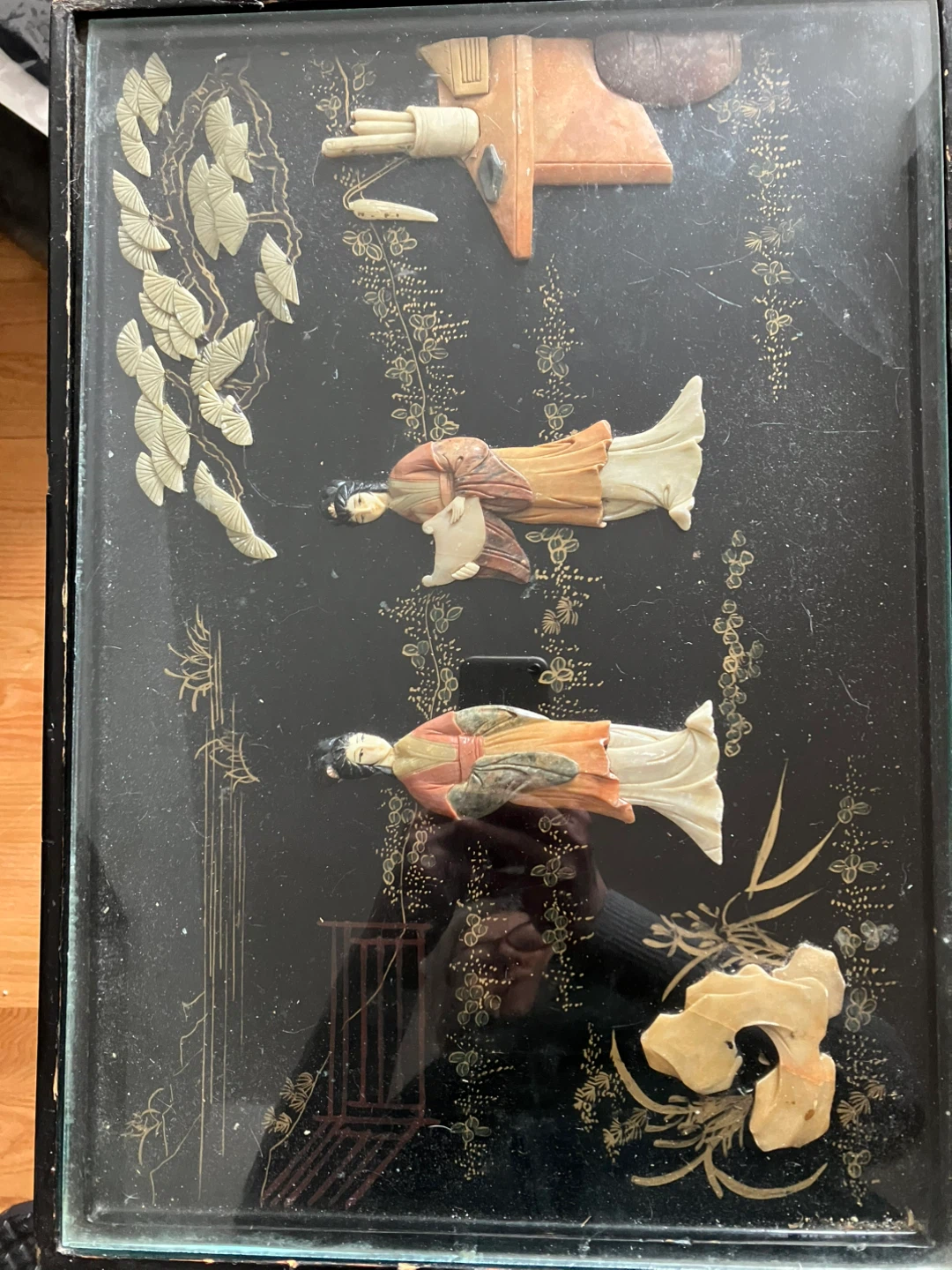 🥕Vintage Black Lacquer Side Table with Asian Motif