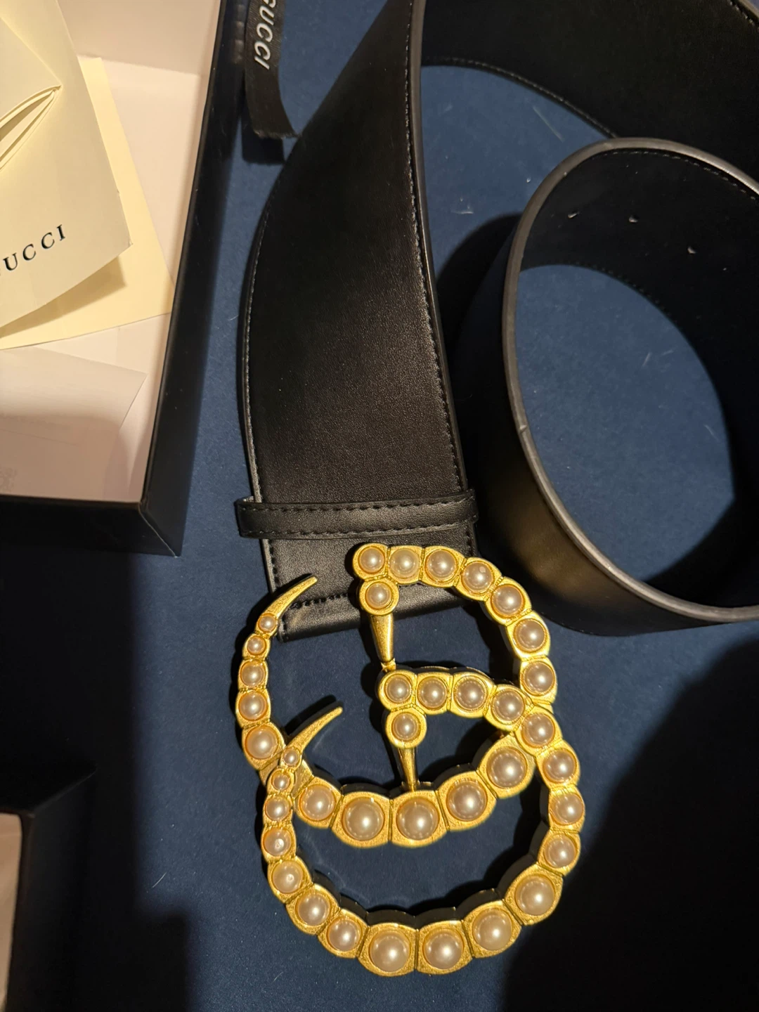 Gucci Black Leather Belt with Pearl GG Buckle