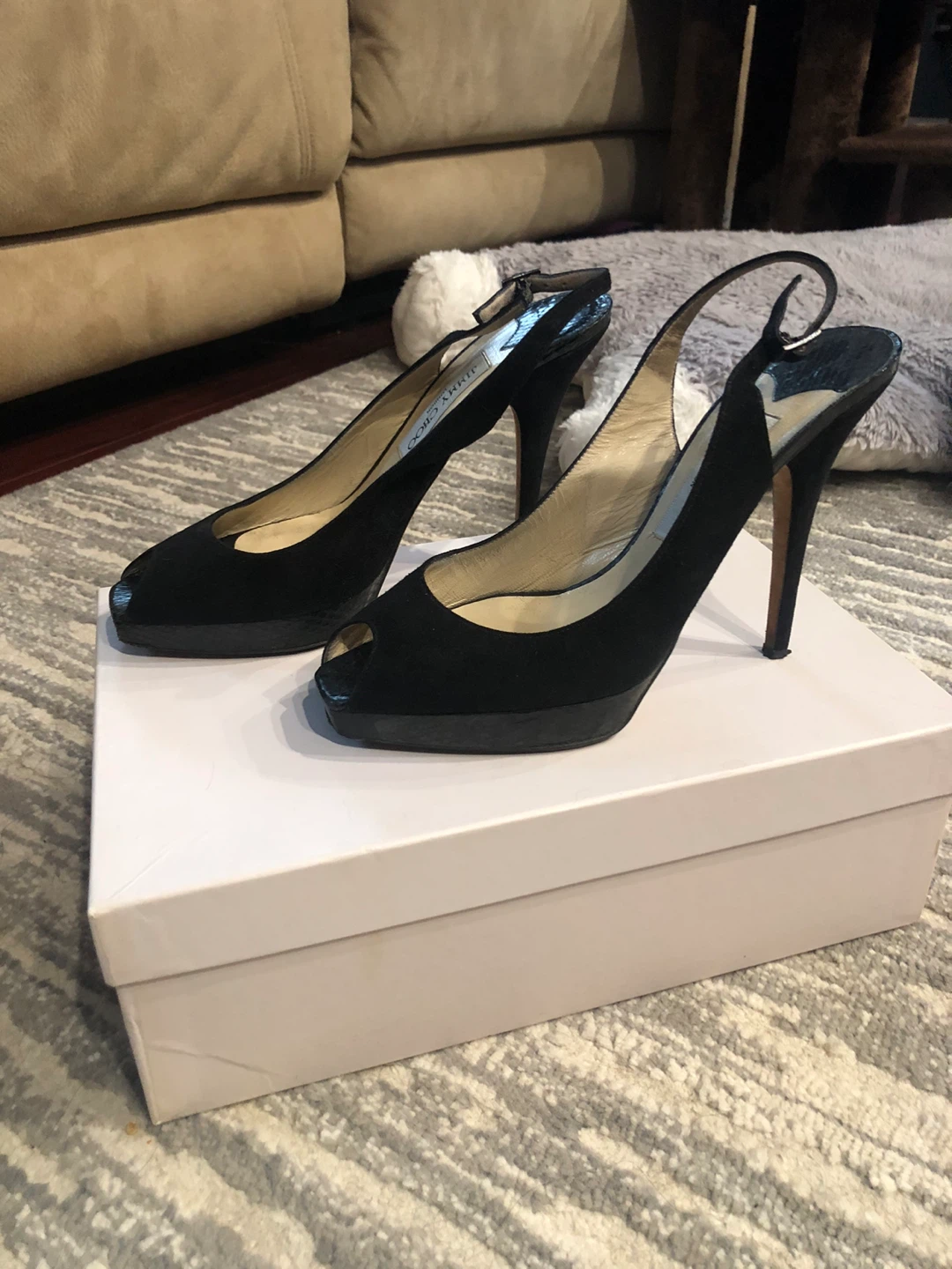 Jimmy Choo Black Suede Peep-Toe Slingback Heels - photo 2