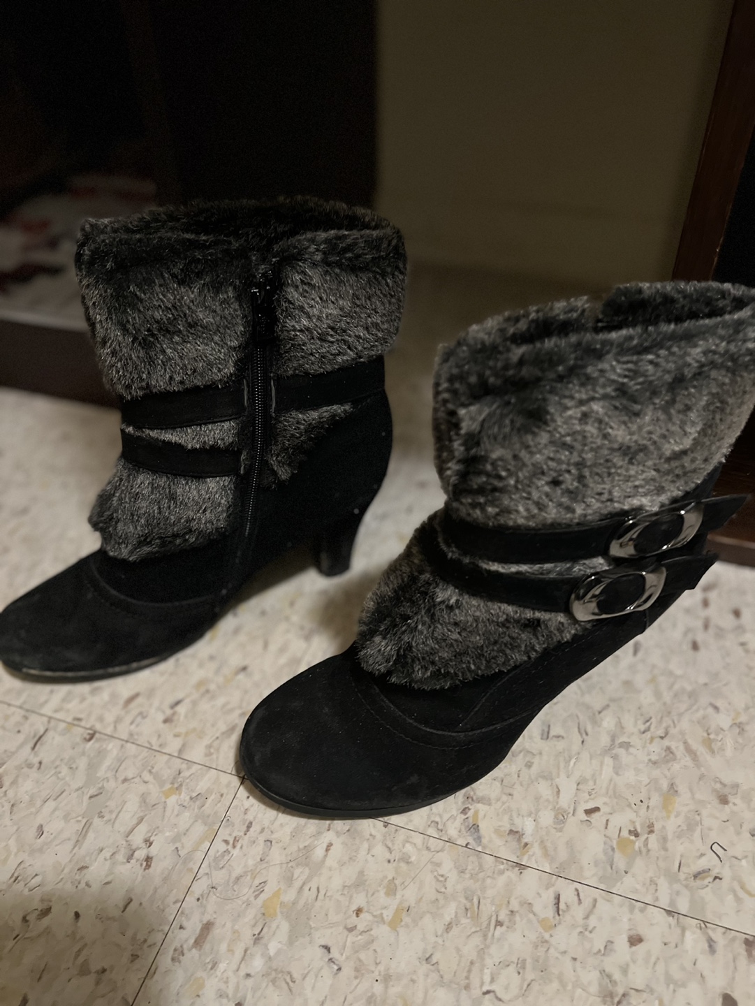 Black Suede Trimmed Heeled Boots Size 10 - photo 2
