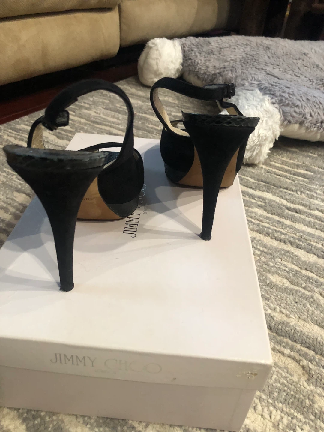 Jimmy Choo Black Suede Peep-Toe Slingback Heels - photo 4