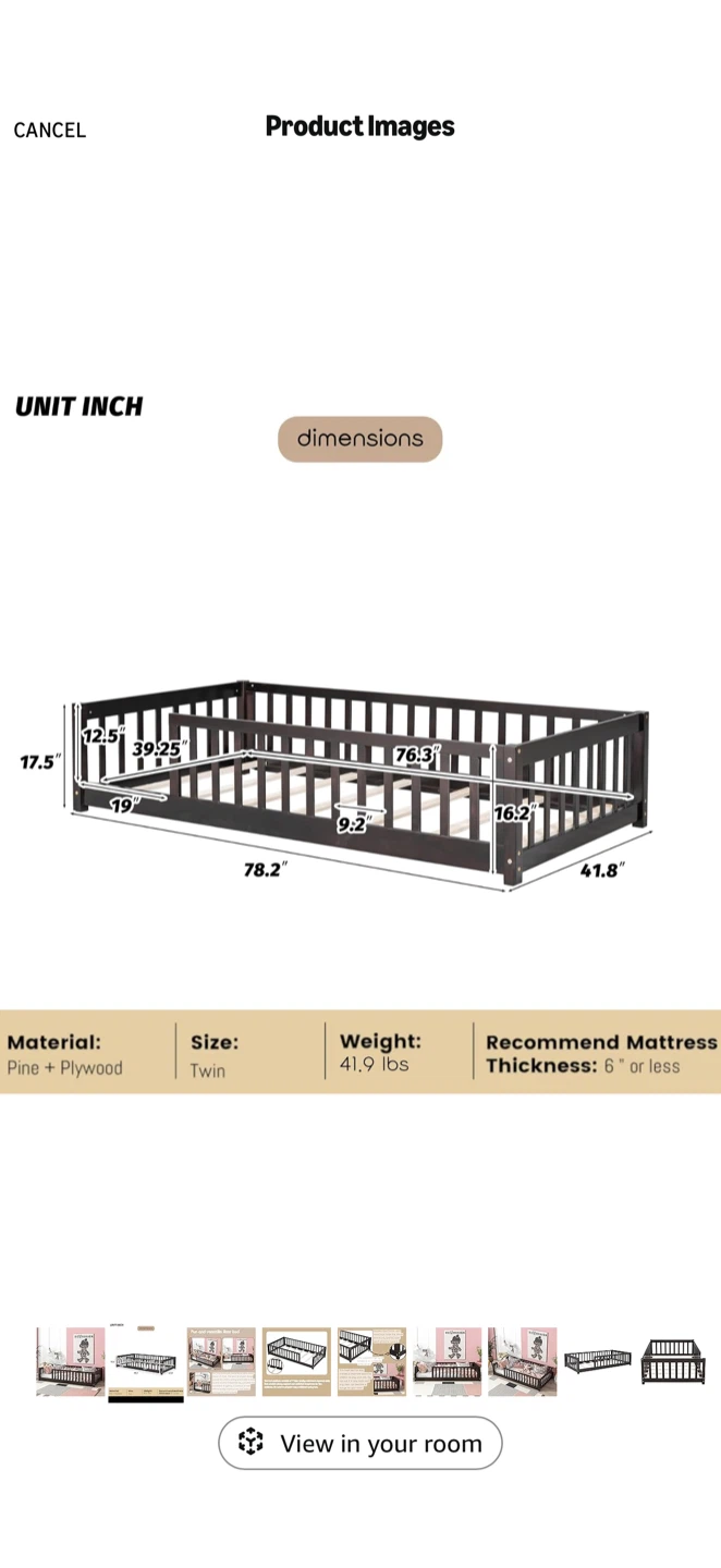 Kids Twin Size floor Bed Frame - Dark Brown - photo 4