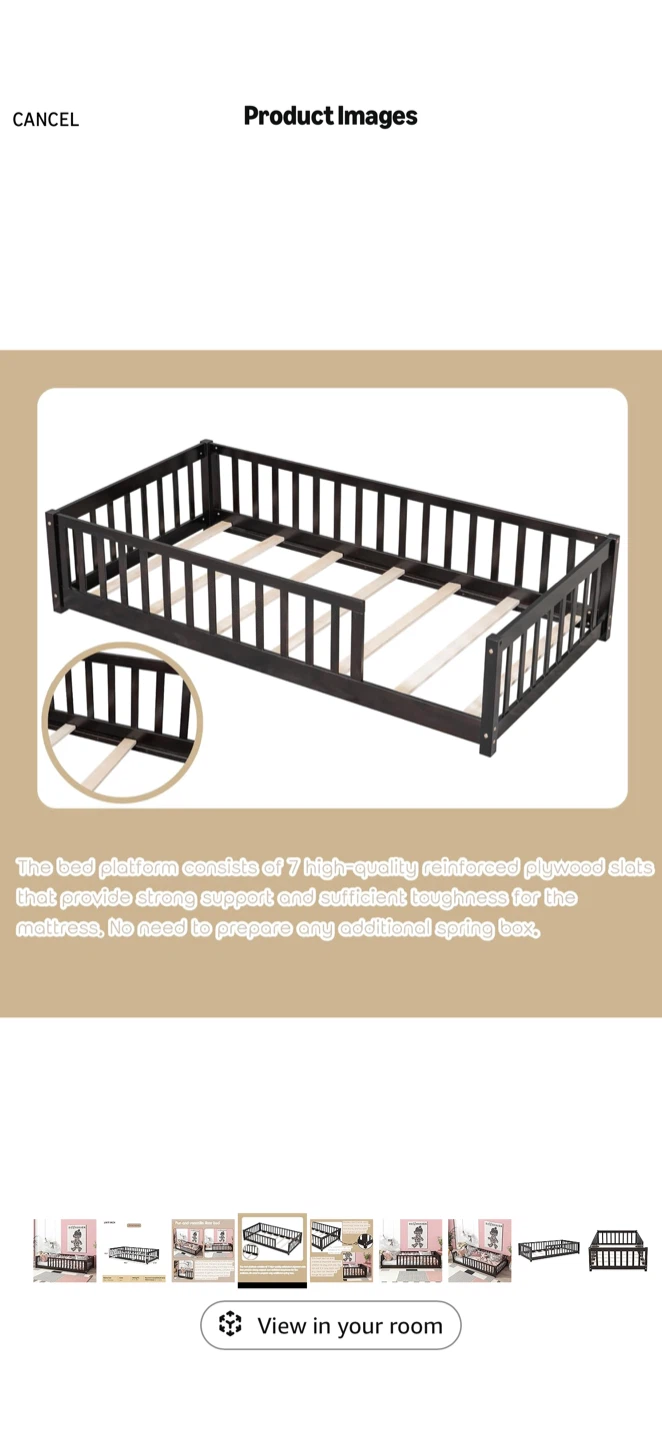 Kids Twin Size floor Bed Frame - Dark Brown - photo 5