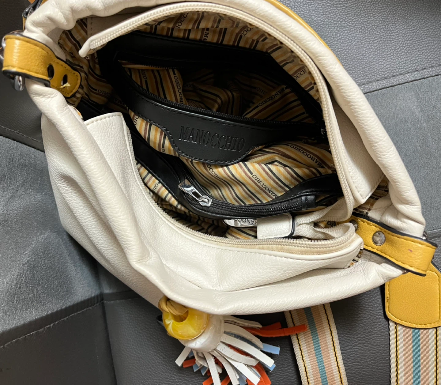 Manocchio Cream Leather Hobo Bag with Yellow Accents - photo 5