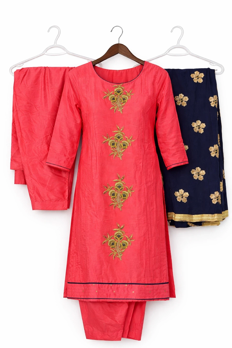 Embroidered Pink Kurti with Pants and Navy Dupatta