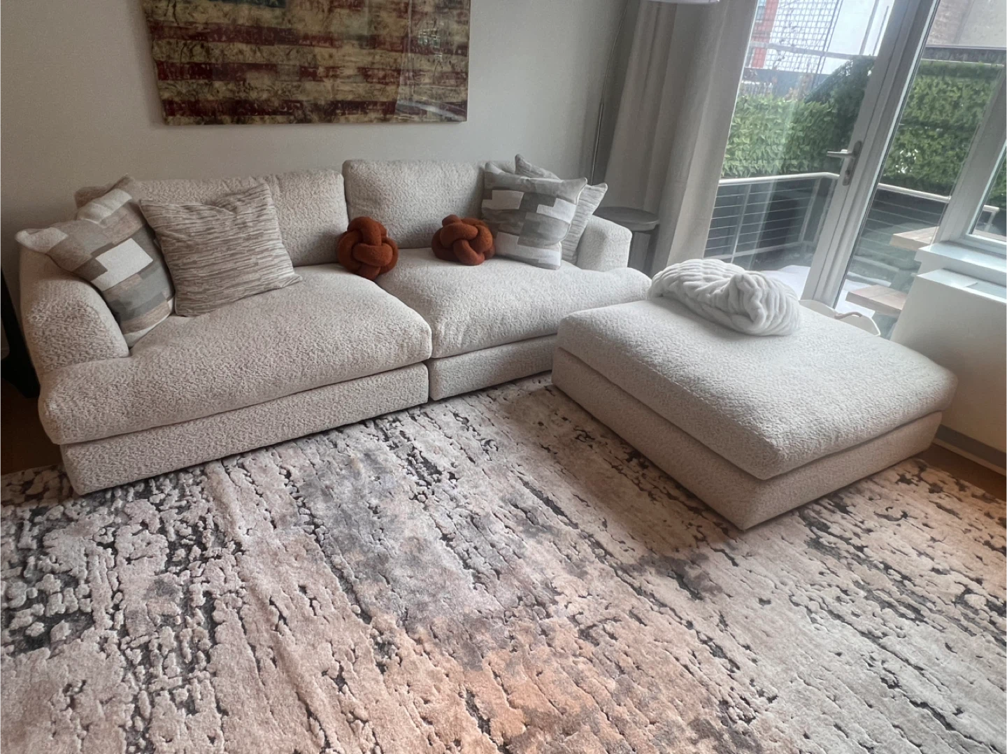 Cream Teddy Fabric Sectional Sofa with Ottoman - photo 2