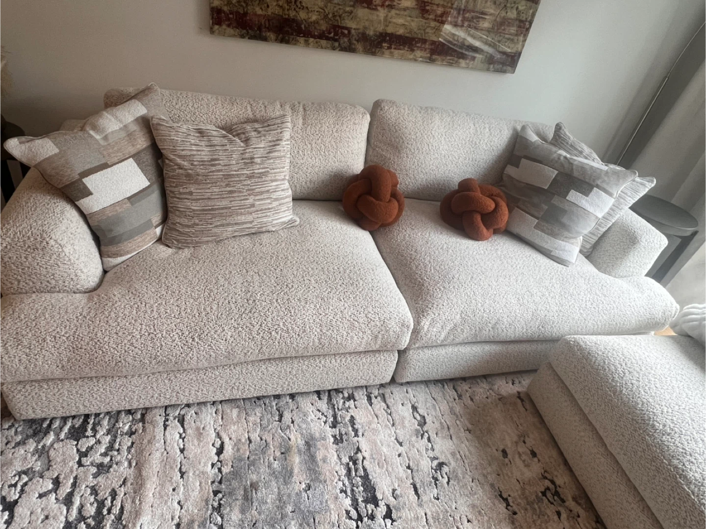 Cream Teddy Fabric Sectional Sofa with Ottoman