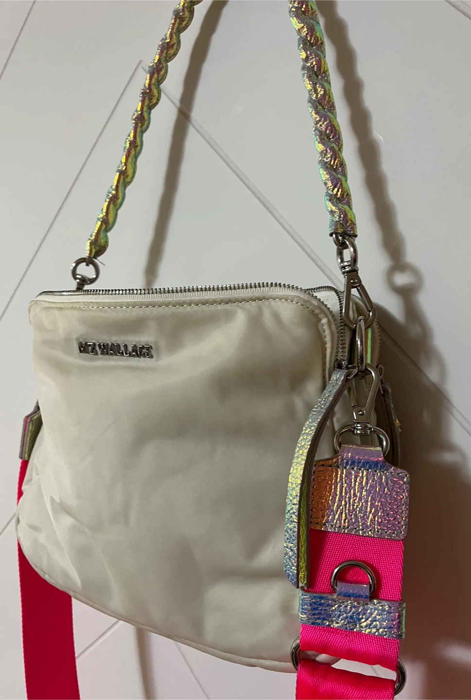 MZ Wallace Off-White Nylon Crossbody Bag with Pink Strap