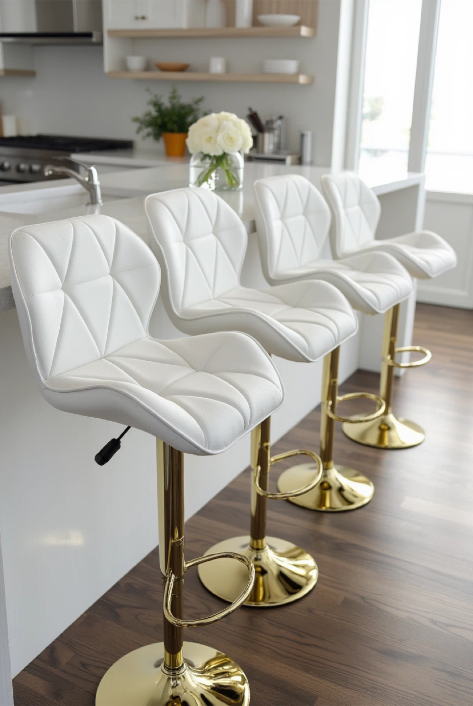 4 White Bar Stools with Gold Base
