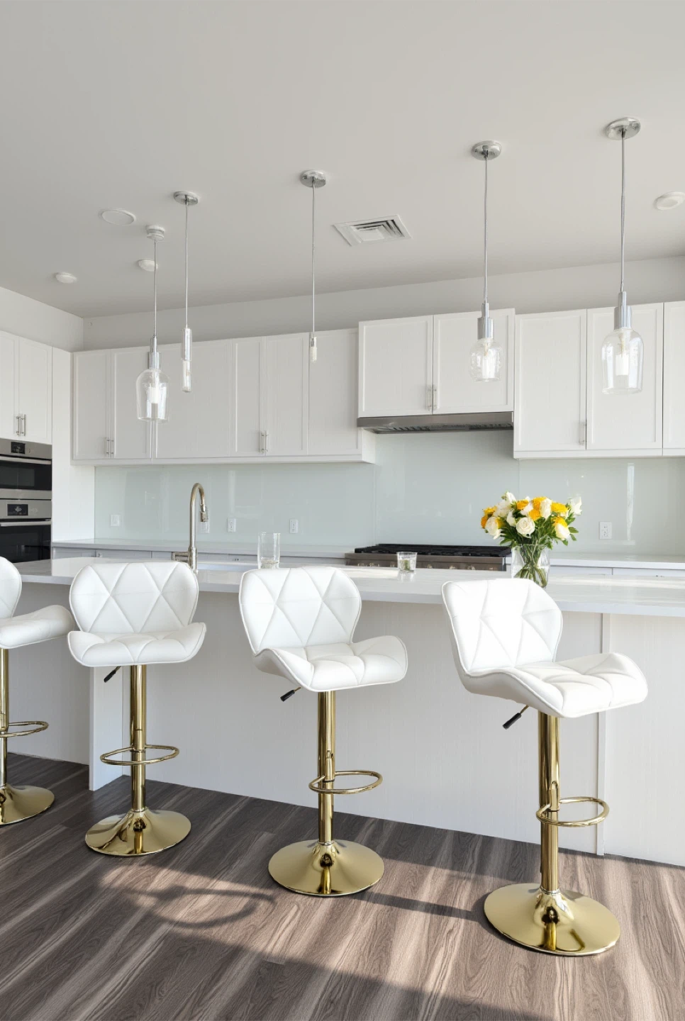 4 White Bar Stools with Gold Base - photo 2