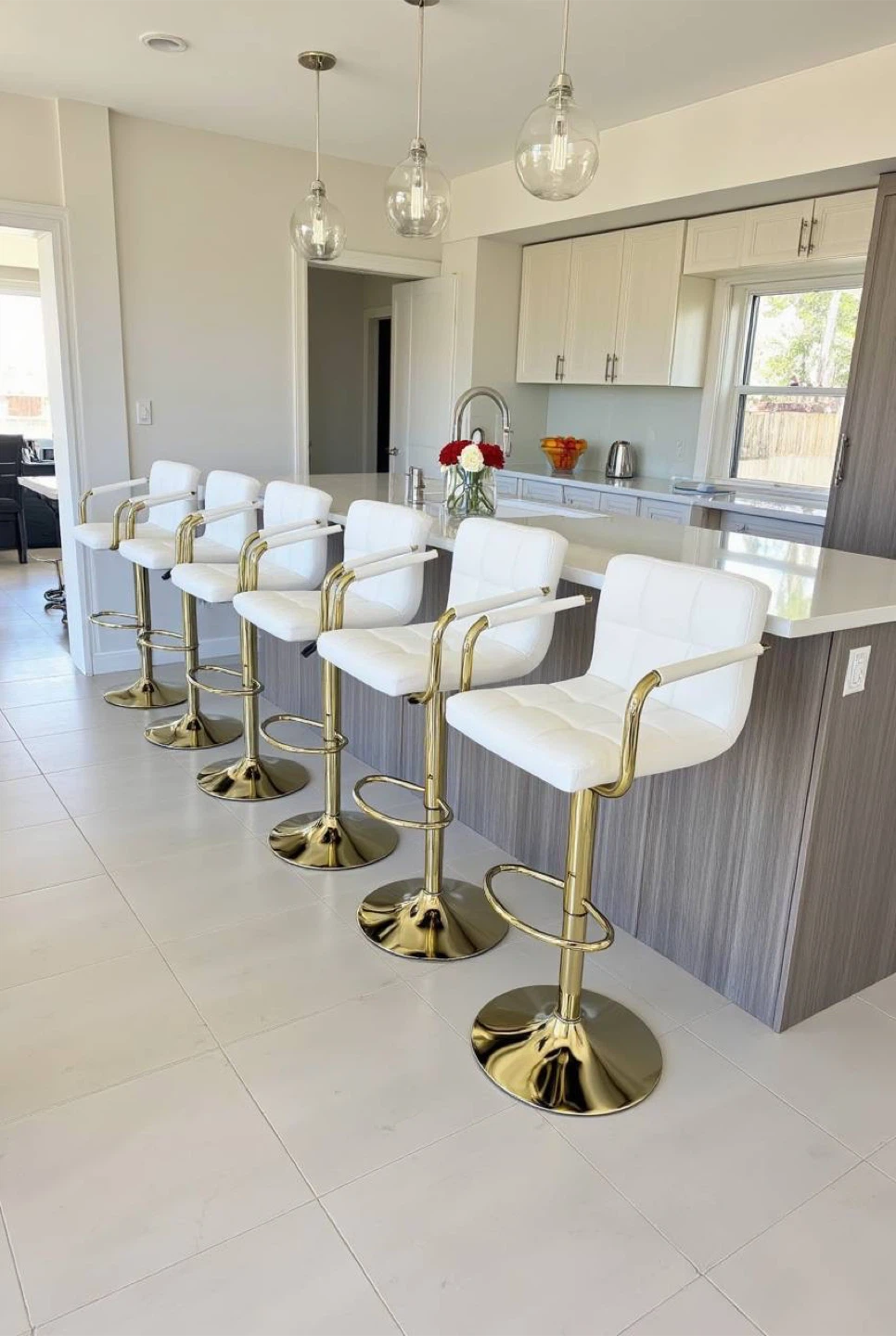 6 White Bar Stools with Gold Base