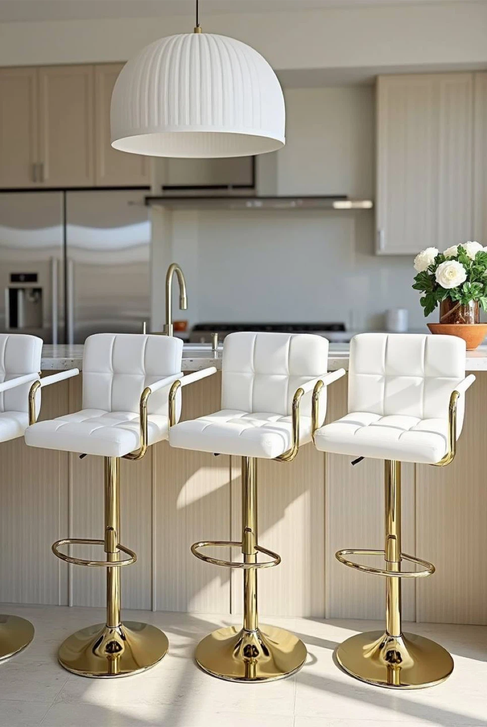6 White Bar Stools with Gold Base - photo 2
