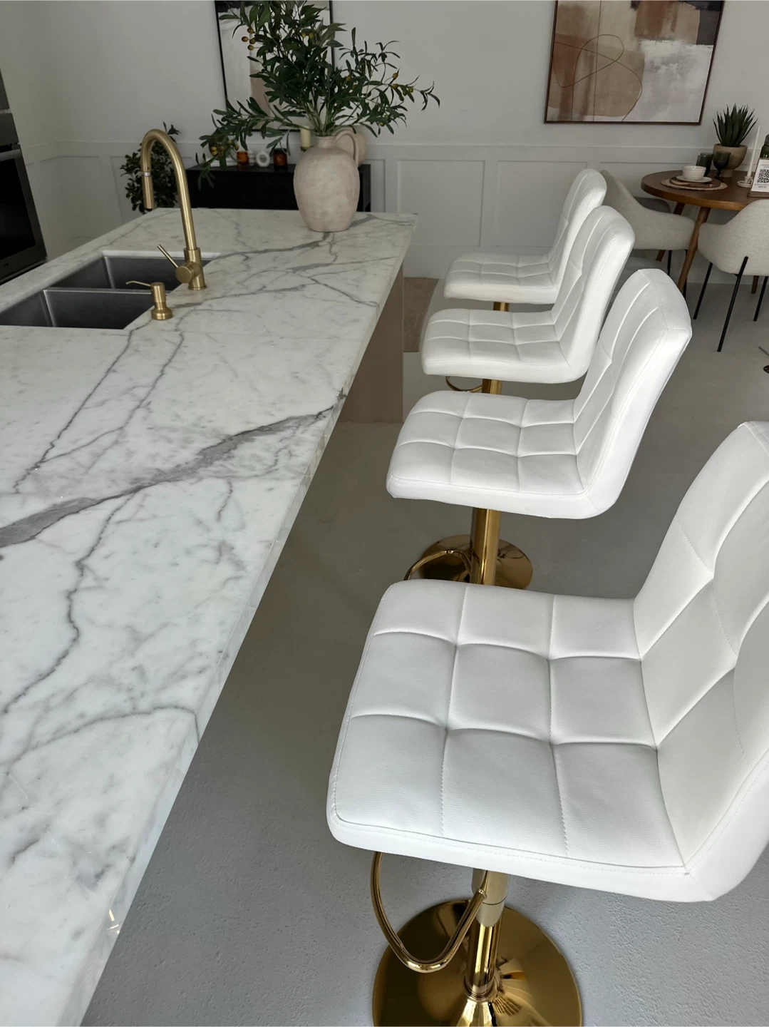 4 White Adjustable Bar Stools with Gold Base - photo 3