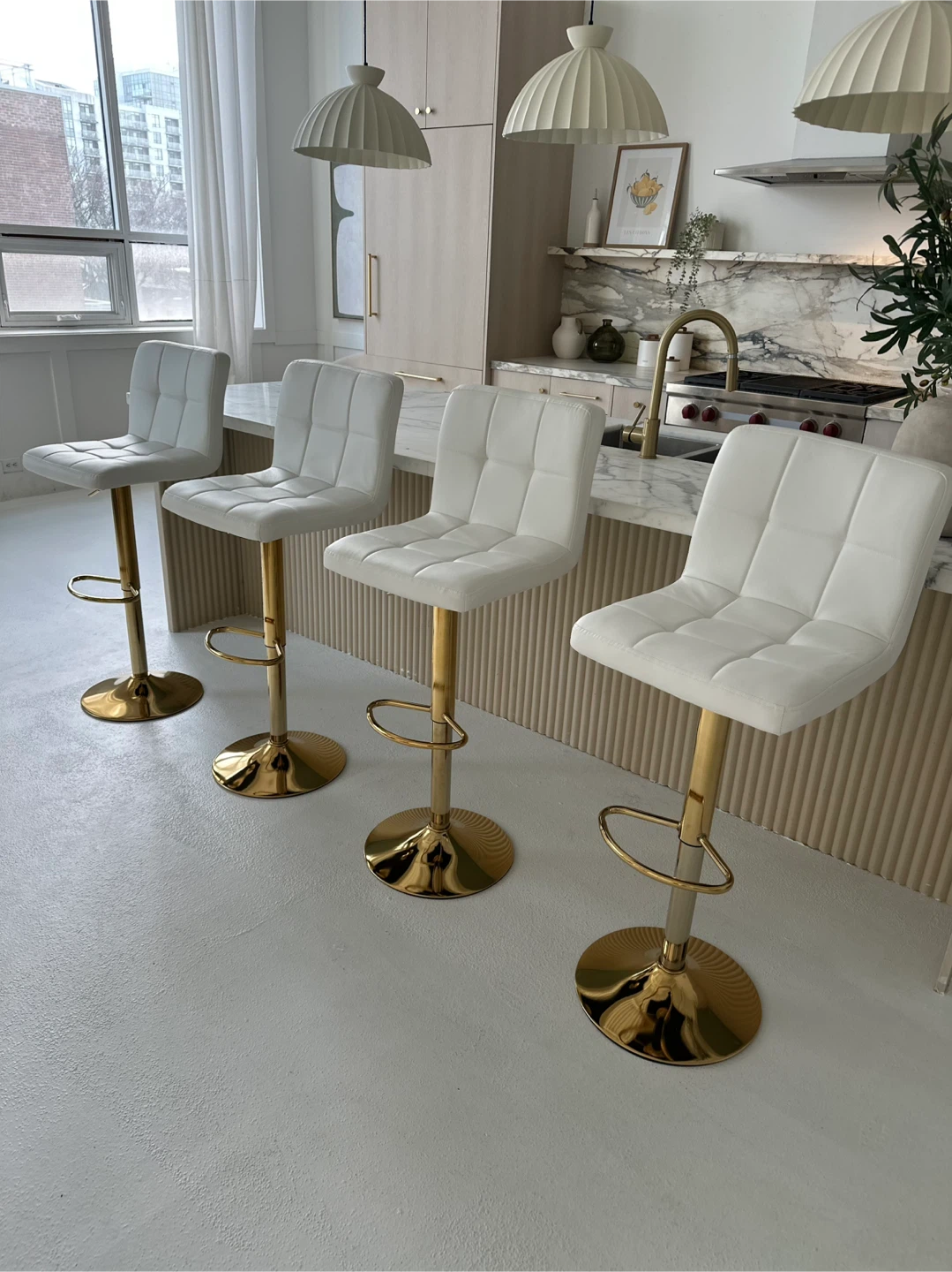 4 White Adjustable Bar Stools with Gold Base - photo 4