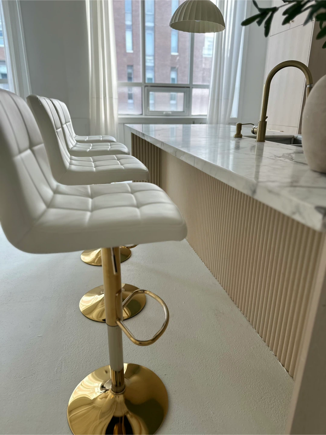 4 White Adjustable Bar Stools with Gold Base - photo 2