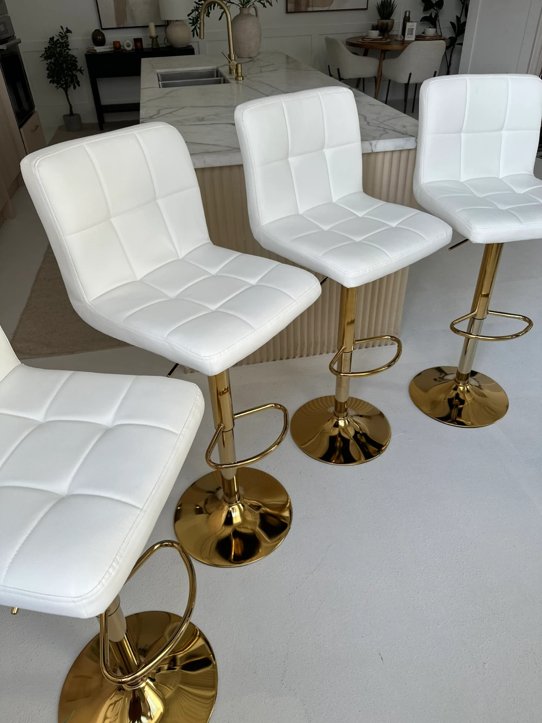 4 White Adjustable Bar Stools with Gold Base