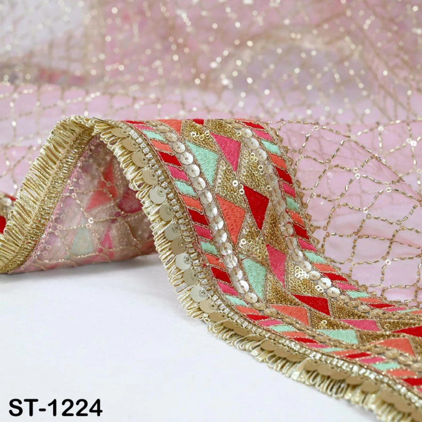 Pink Net Dupatta with Sequins and Tassels - photo 5