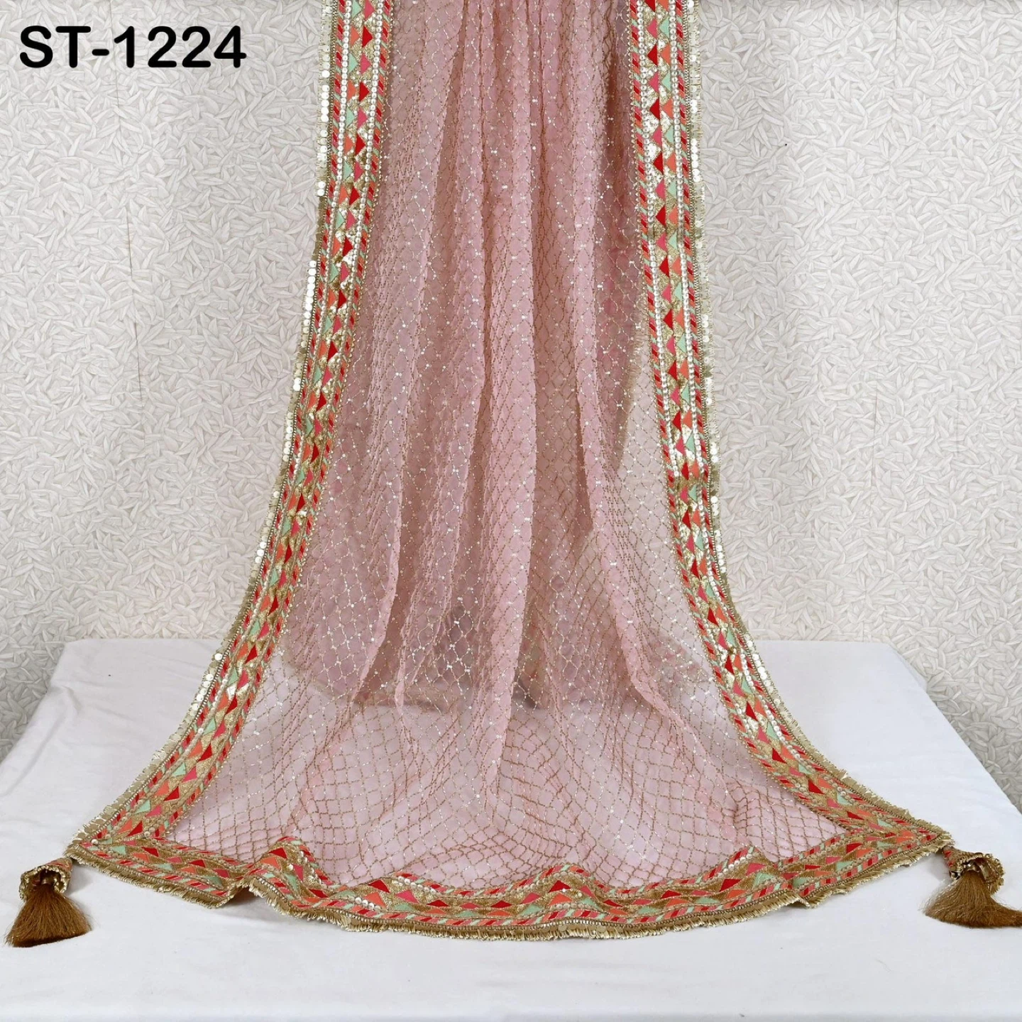 Pink Net Dupatta with Sequins and Tassels - photo 4