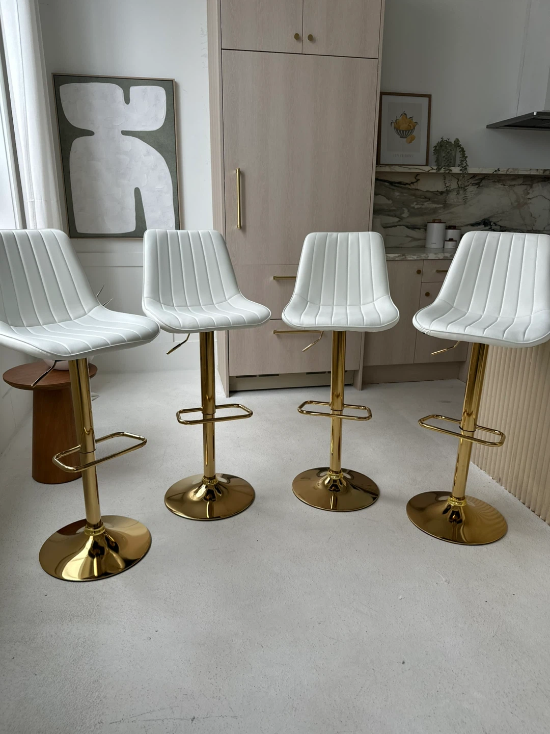 4 White Adjustable Bar Stools with Gold Base
