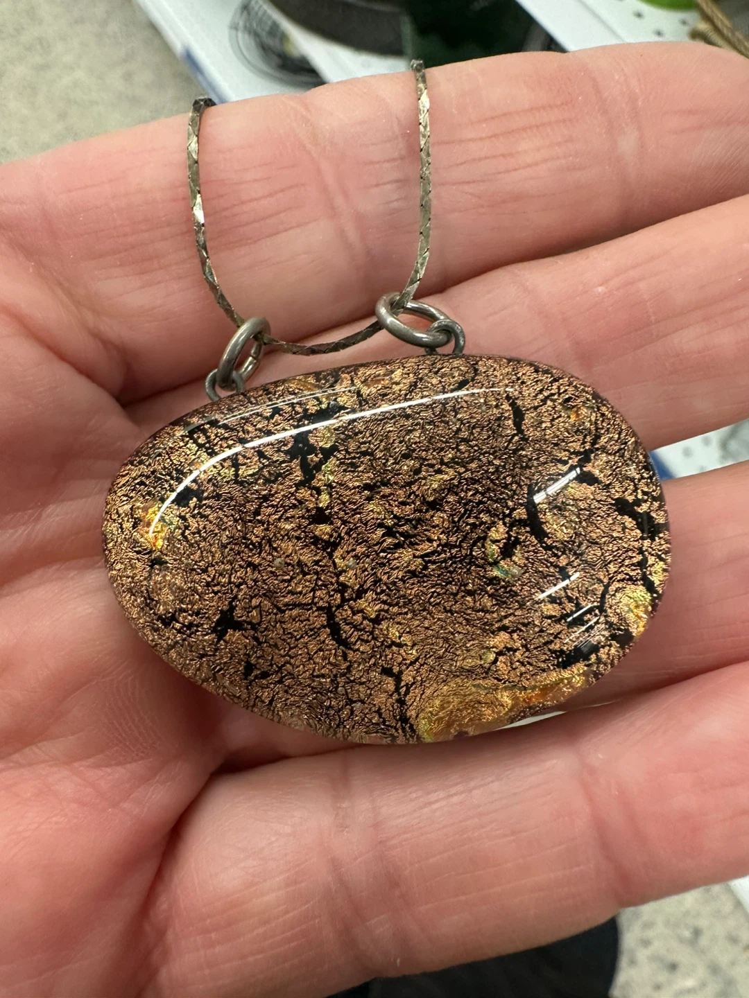 Oval Murano Glass Pendant Necklace with Copper Leaf Inclusions