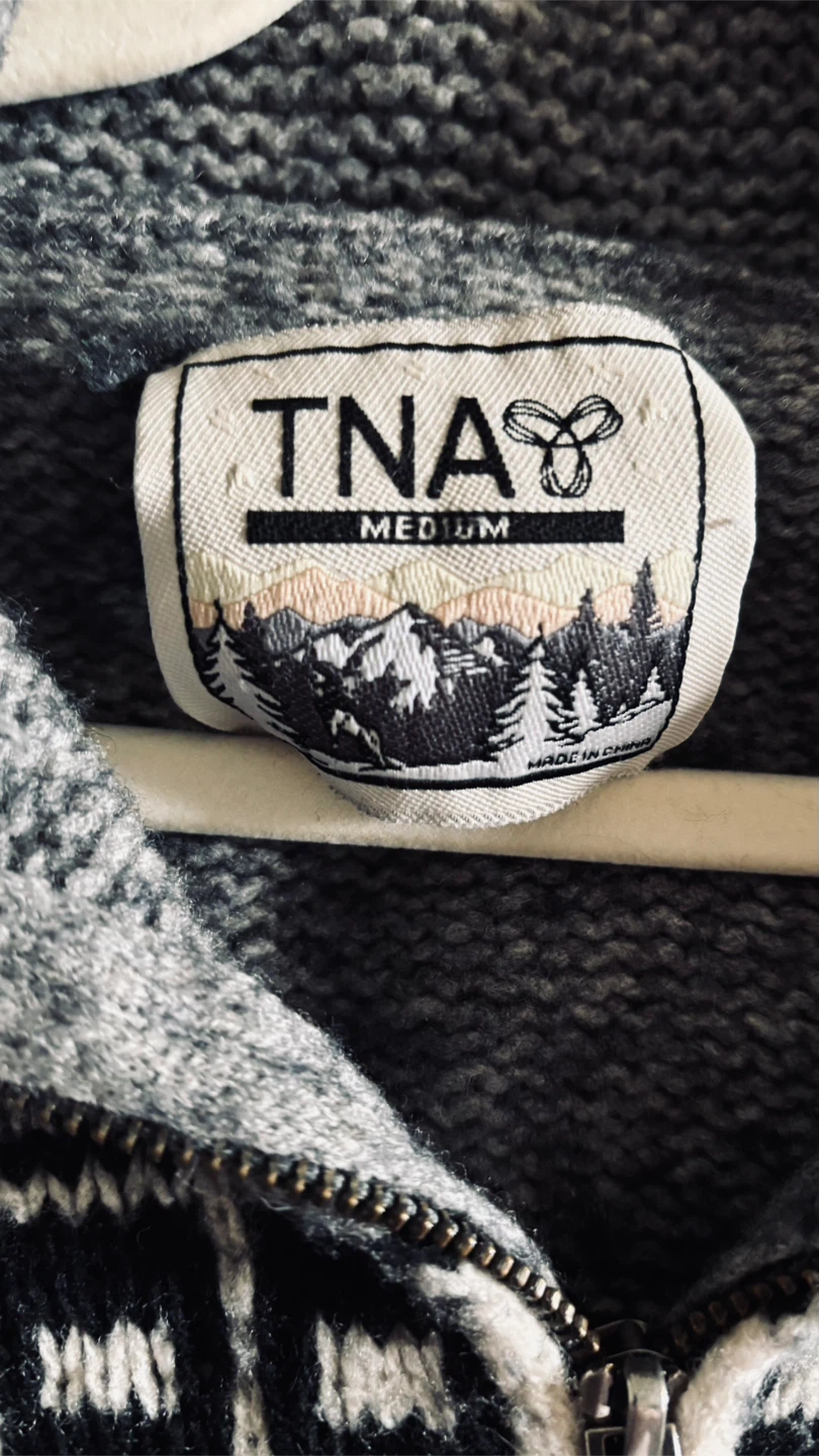 TNA Grey Moose Pattern Zip-Up Sweater - Medium - photo 4