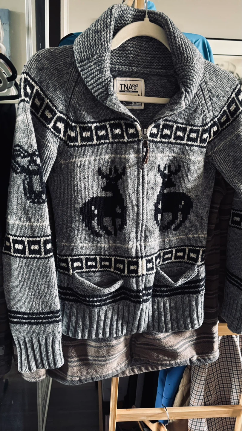 TNA Grey Moose Pattern Zip-Up Sweater - Medium