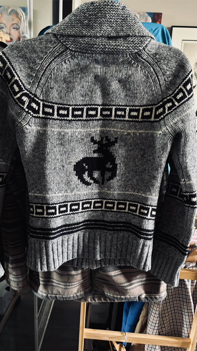 TNA Grey Moose Pattern Zip-Up Sweater - Medium - photo 2
