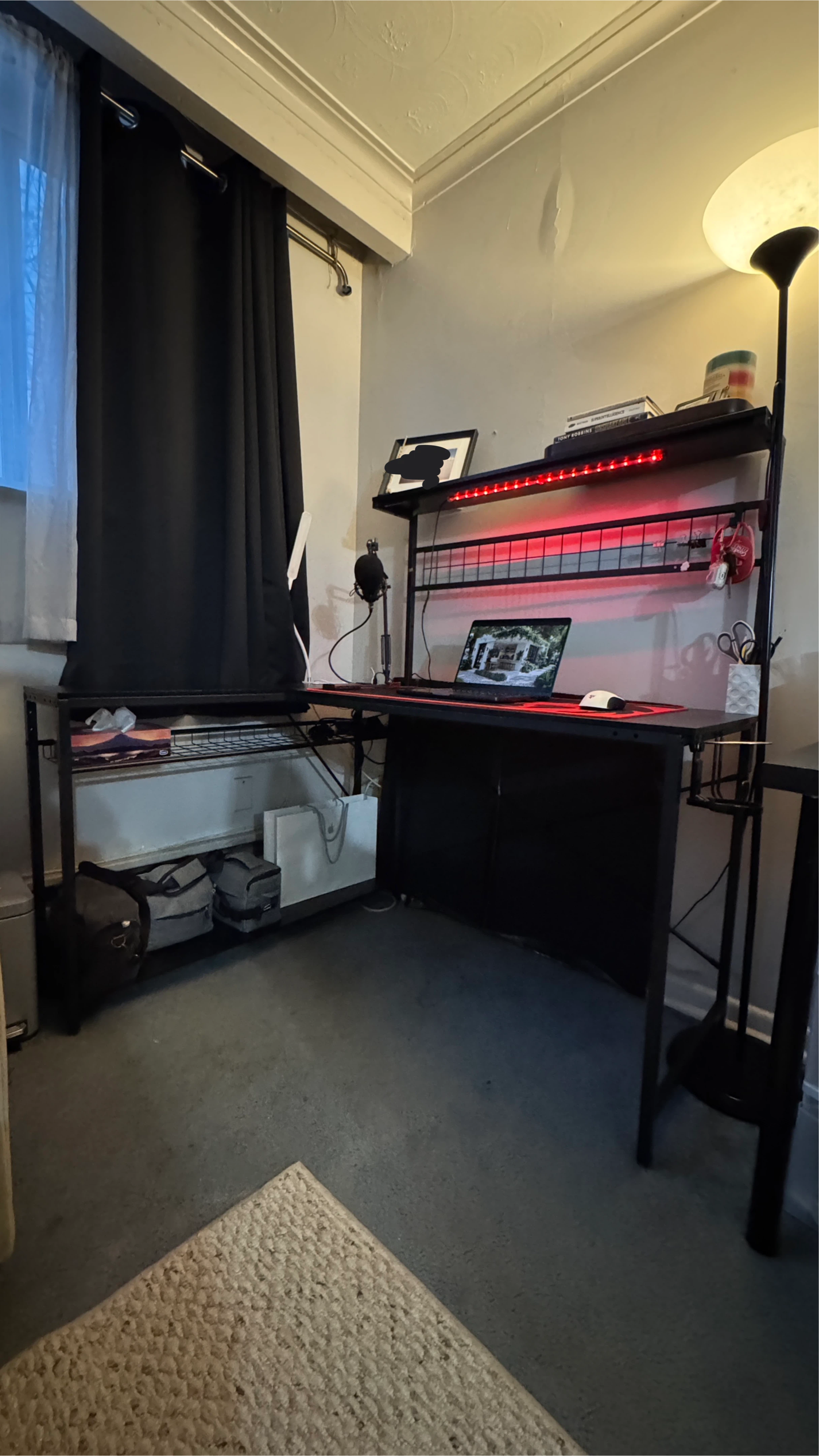 Black Metal Gaming Desk with Shelving and LED light