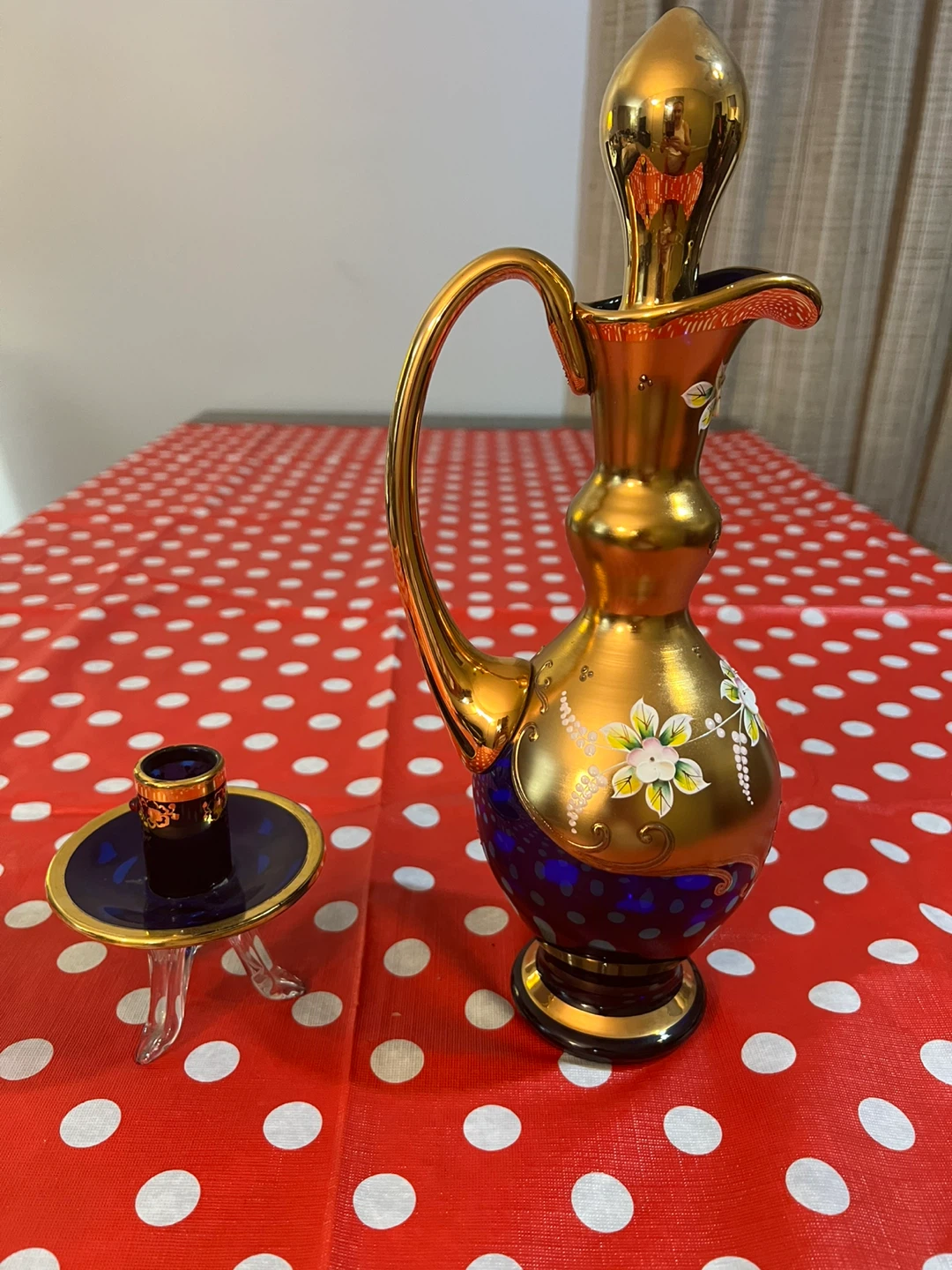 Free delivery used  Bohemian Amethyst Decanter Painted Enamel