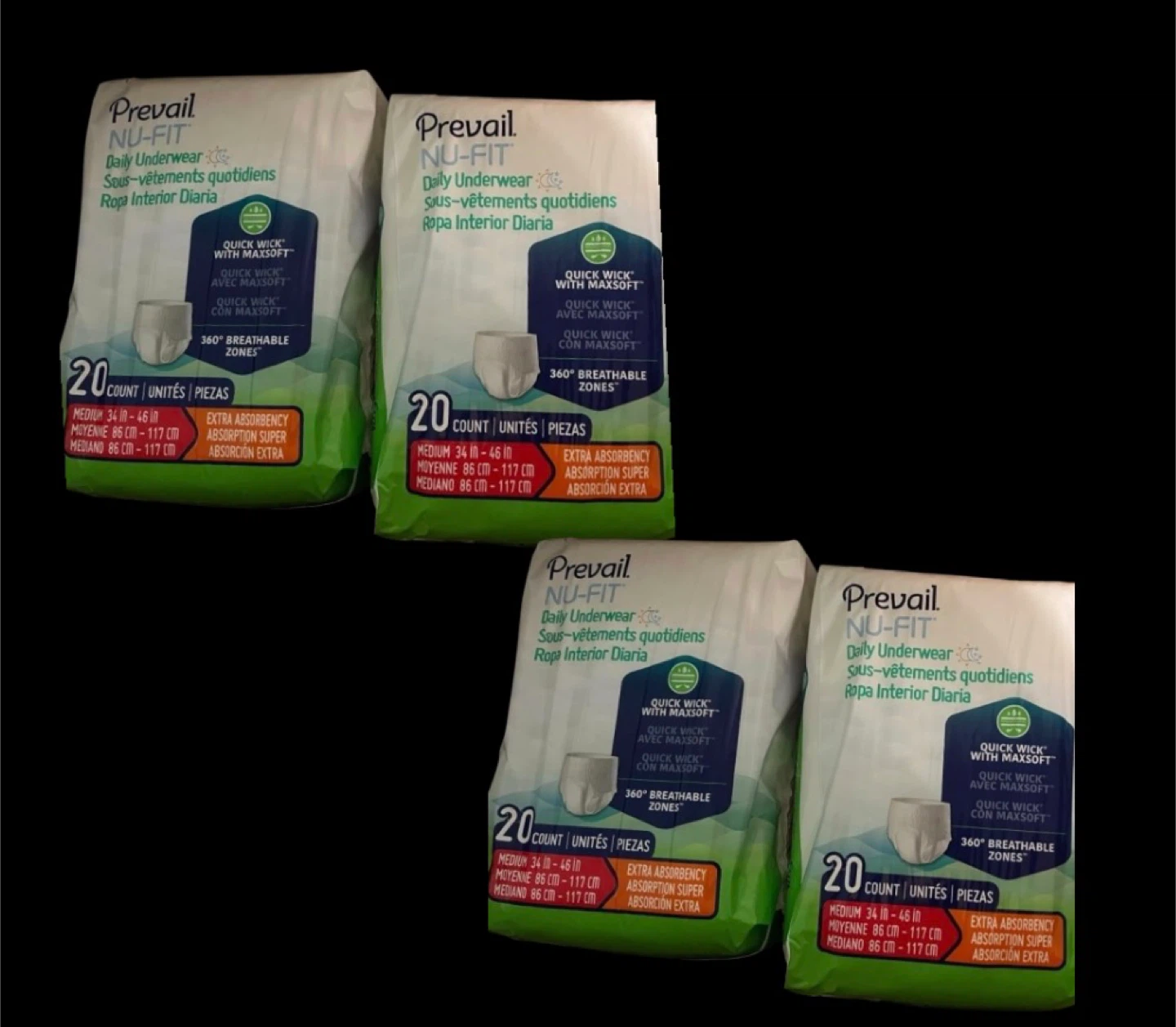 4-Prevail Nu-Fit Daily Underwear Medium  Total of 80 Count
