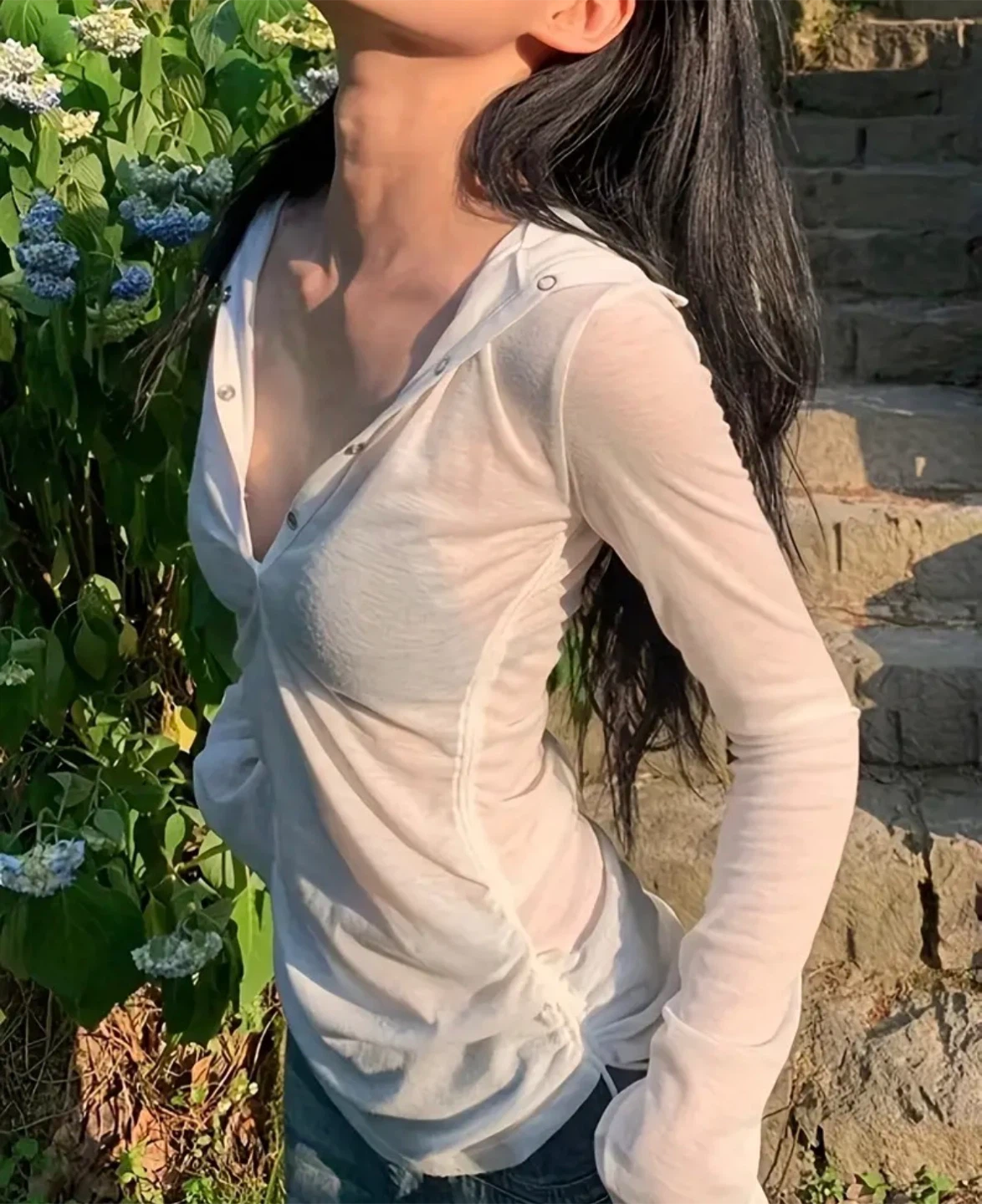 White Long Sleeve Ruched Top